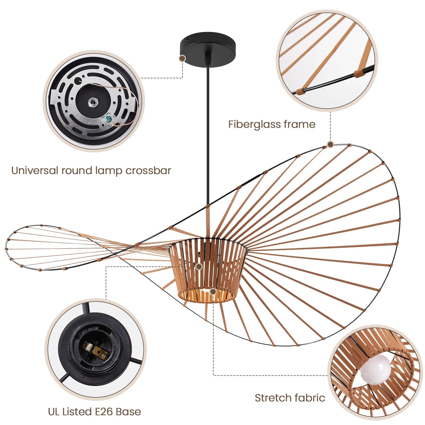 Brown Woven Chandelier, D39" Creative Straw Hat Shape Pendant Light Fixtures, Stretch Fabric+Fiberglass Material, Modern Boho Large Chandeliers, Suitable for Living Room, Bedroom, Dining Room, Office