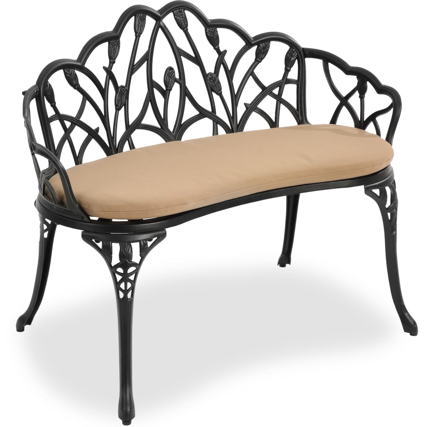 HOMEFUN Outdoor Patio Bench, Garden Benches with Cushion All-Weather Cast Aluminum Extra Loveseat for Lawn Front Porch Path Yard Decor Deck Furniture Black