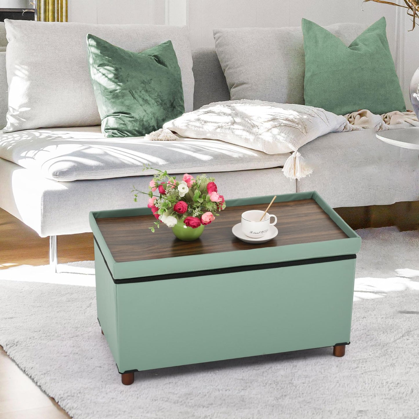Dorriss Ottoman Storage Bench for Living Room with Tray, Bedroom Foot Stool, Coffee Table Lid, Footstool with Legs, End of Bed - Faux Leather, 30" Inch (L-Blue)