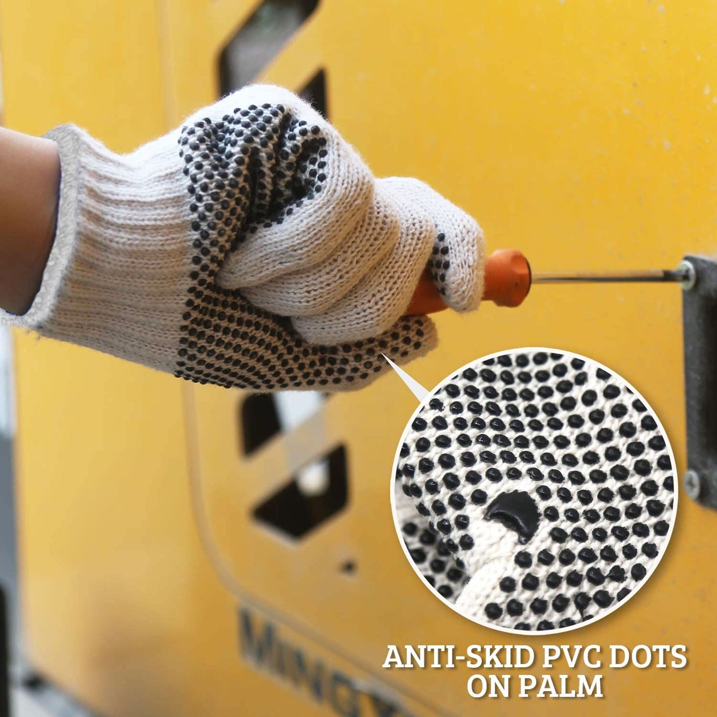Evridwear Cotton Polyester String Knit Shell Safety Protection Work Gloves for Painter Mechanic Industrial Warehouse Gardening Construction Men & Women 12 Pairs, With one Side Dots, L Size
