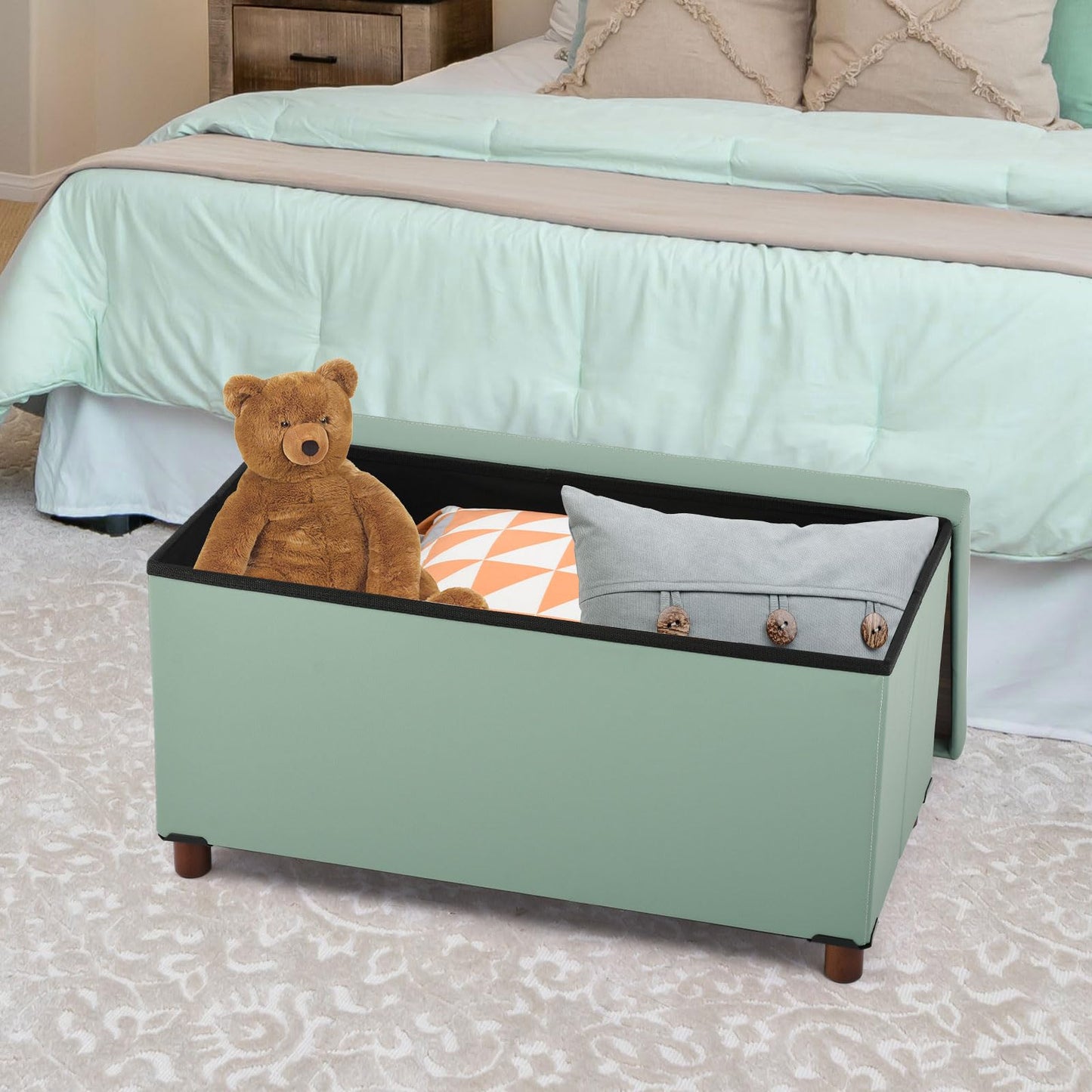 Dorriss Ottoman Storage Bench for Living Room with Tray, Bedroom Foot Stool, Coffee Table Lid, Footstool with Legs, End of Bed - Faux Leather, 30" Inch (L-Blue)