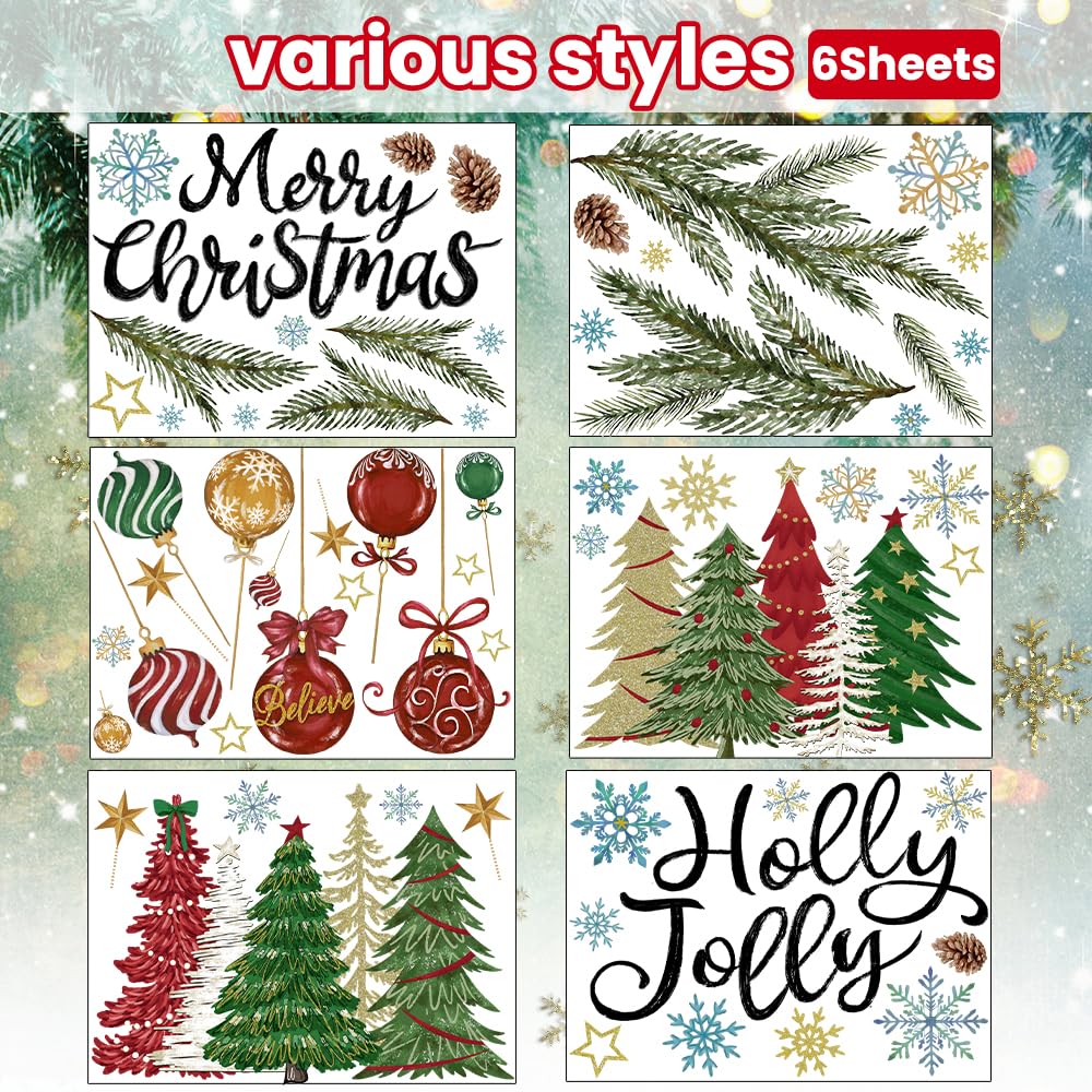 Heirloom Haven 6 Sheets Christmas Window Clings Stickers, Oil Painting Xmas Tree Ball Pine Needle Window's Decals Winter Snowflake Stickers for Home Office Glass Window Decoration