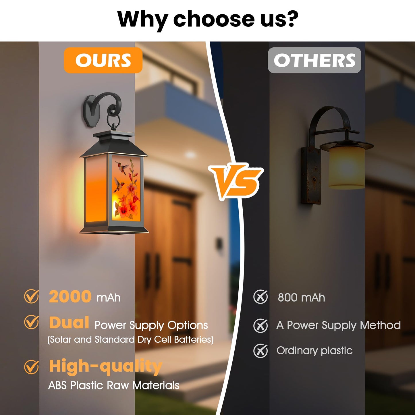 2 Pack Hanging Solar Lanterns, Hummingbird Flame Lantern, Outdoor Waterproof Upgraded Solar and 2 AA Batteries Powered, for Outside Porch, Patio and Indoor Tables, Mantelpiece.
