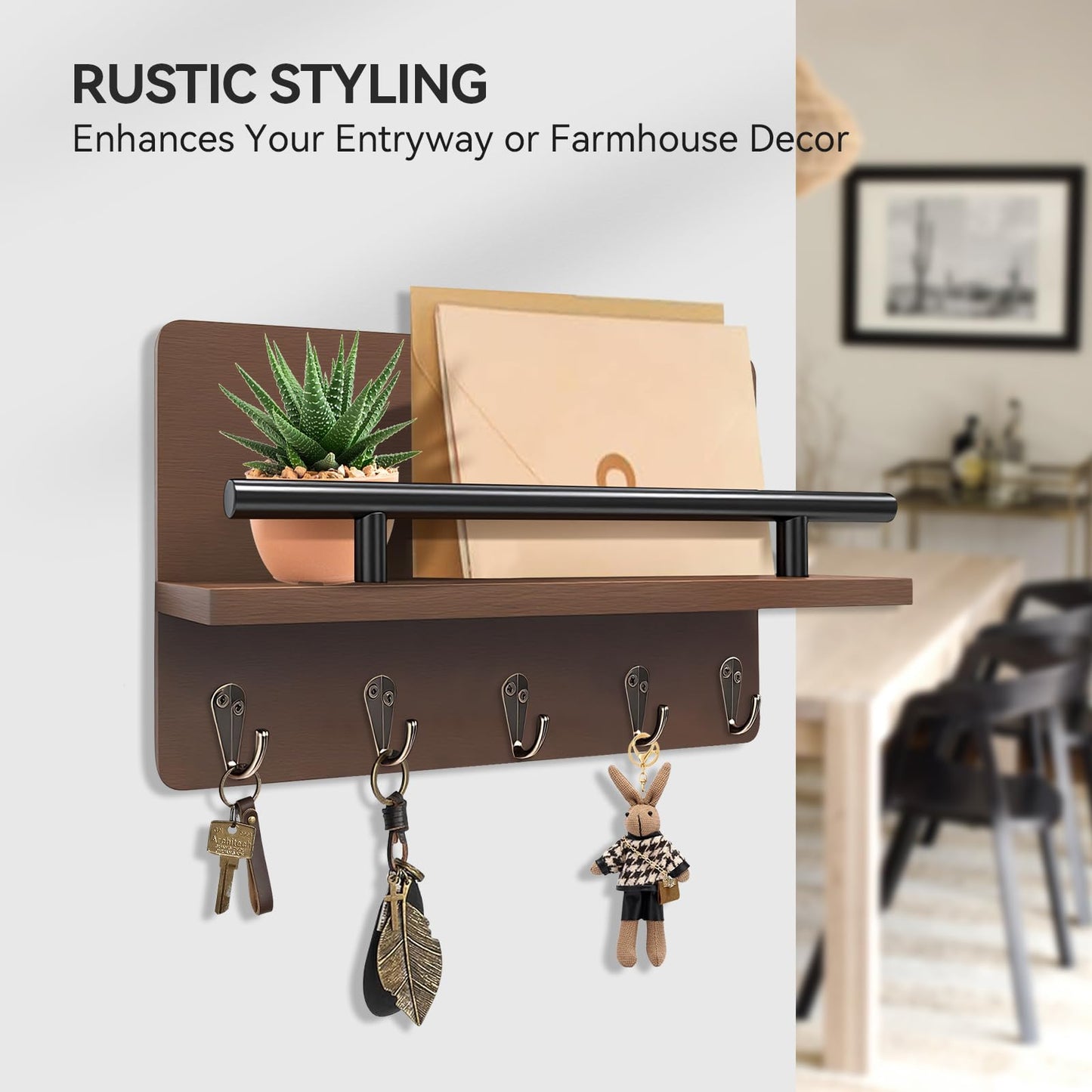 KISENG Key Holder Wall Mount, Decorative Key Rack with Shelf & 5 Sturdy Hooks, Rustic Key Hooks for Wall for Mail Organizer Hanging Dog Leash, Glasses, Wooden Key Hanger with Mounting Hardware