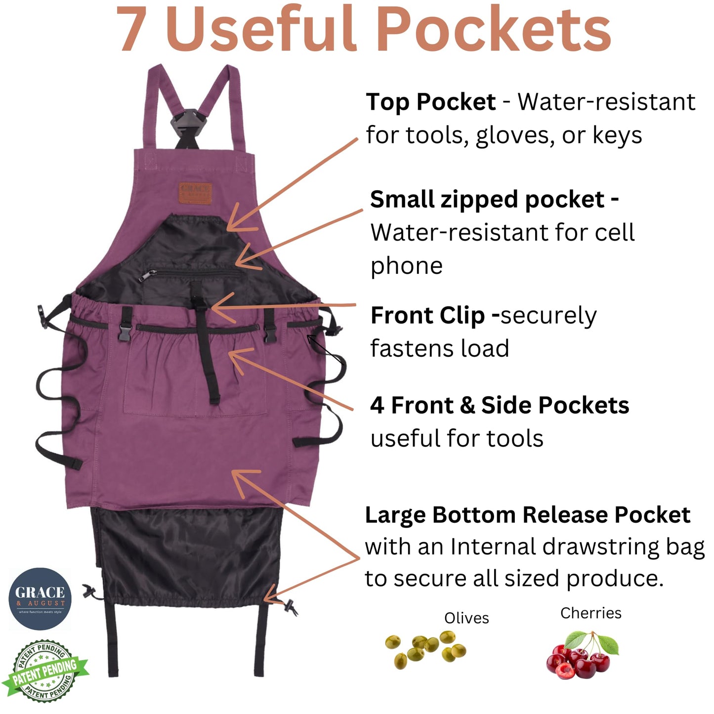 Grace and August Gardening Apron with Pockets for Women & Men - Unique Gardening Gift for Gardeners - Garden Apron 7 Pockets & Internal Drawstring Bag