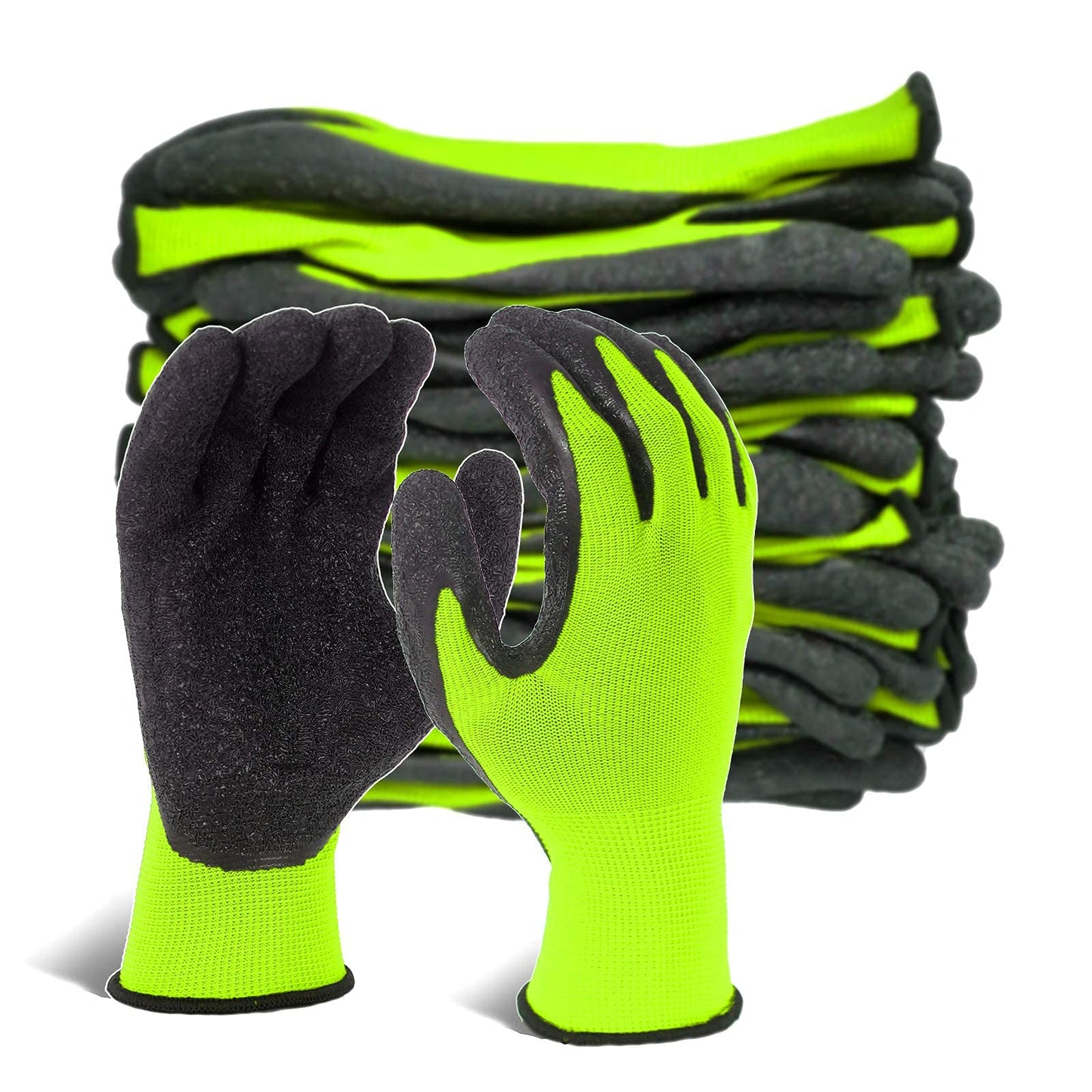 Evridwear Crinkle Latex Rubber Hand Coated Safety Work Gloves for Men Women General Multi Use Construction Warehouse Gardening Assembly Landscaping (Large, Green 12 Pairs)