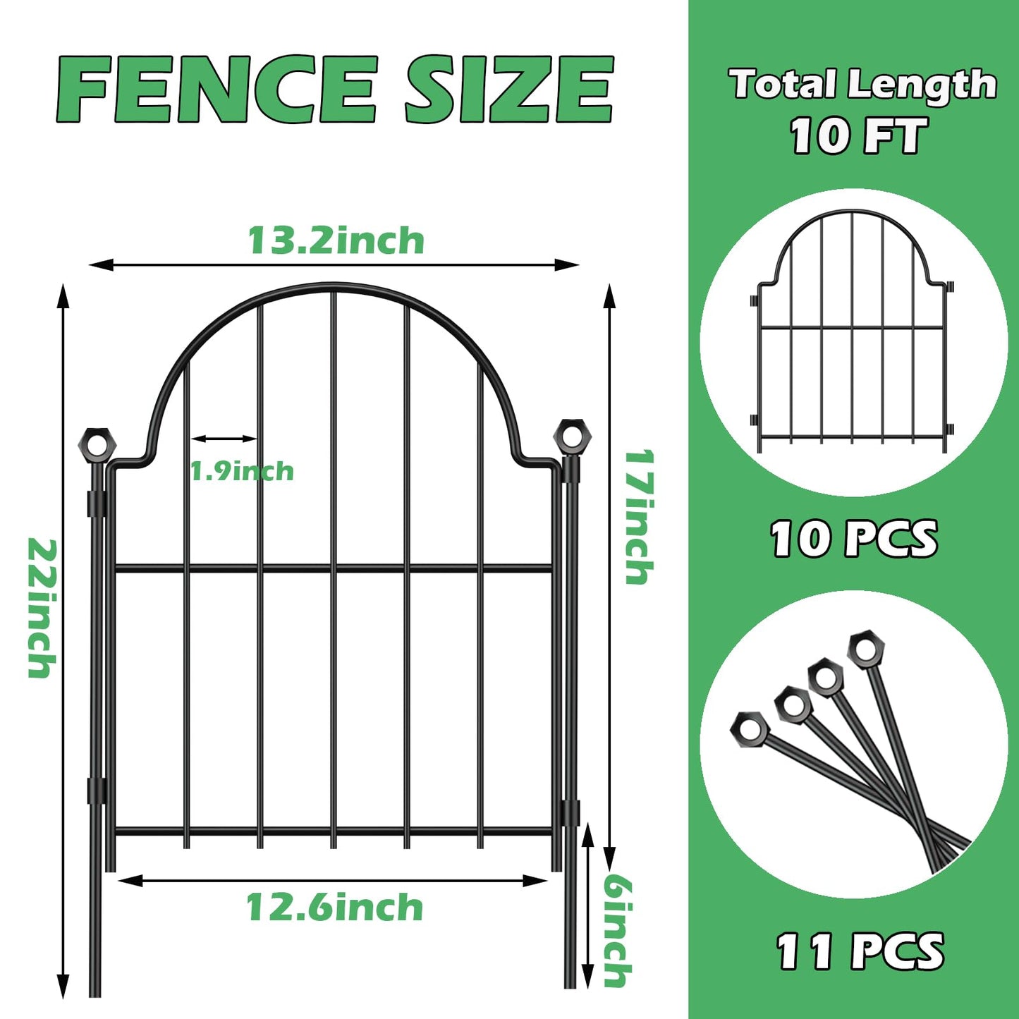 Blingluck Garden Fence, 22 in(H) x 10.83 ft(L) Arched Rustproof Metal No Dig Fence Garden Fence Border, Ground Stake Animal Barrier Fence for Rabbit Dog, Outdoor Decor for Yard & Patio