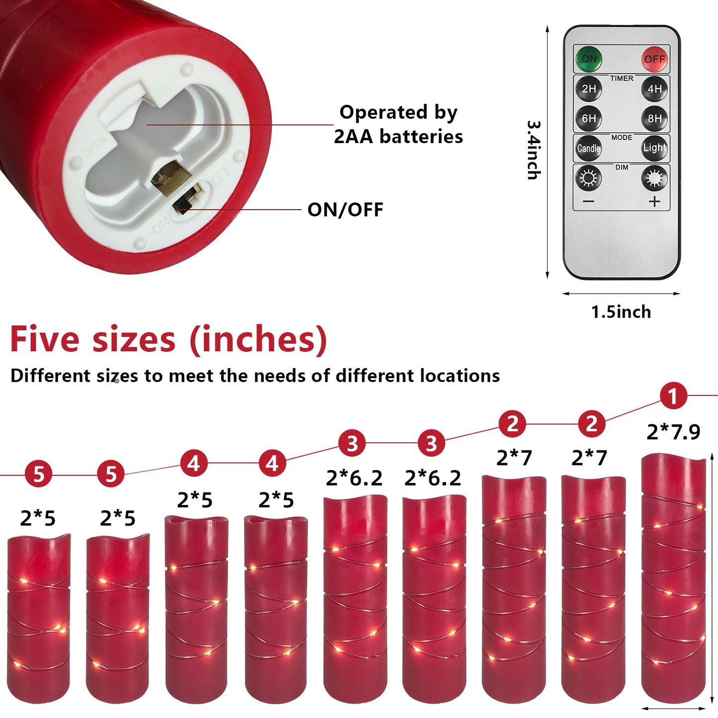 Pierty Red Real Wax Flameless Candles, 9-Piece Set with 2 Remote Controls, Featuring Realistic LED Lighting Effects. Ideal for Home Decor and Holiday use. Battery-Powered.