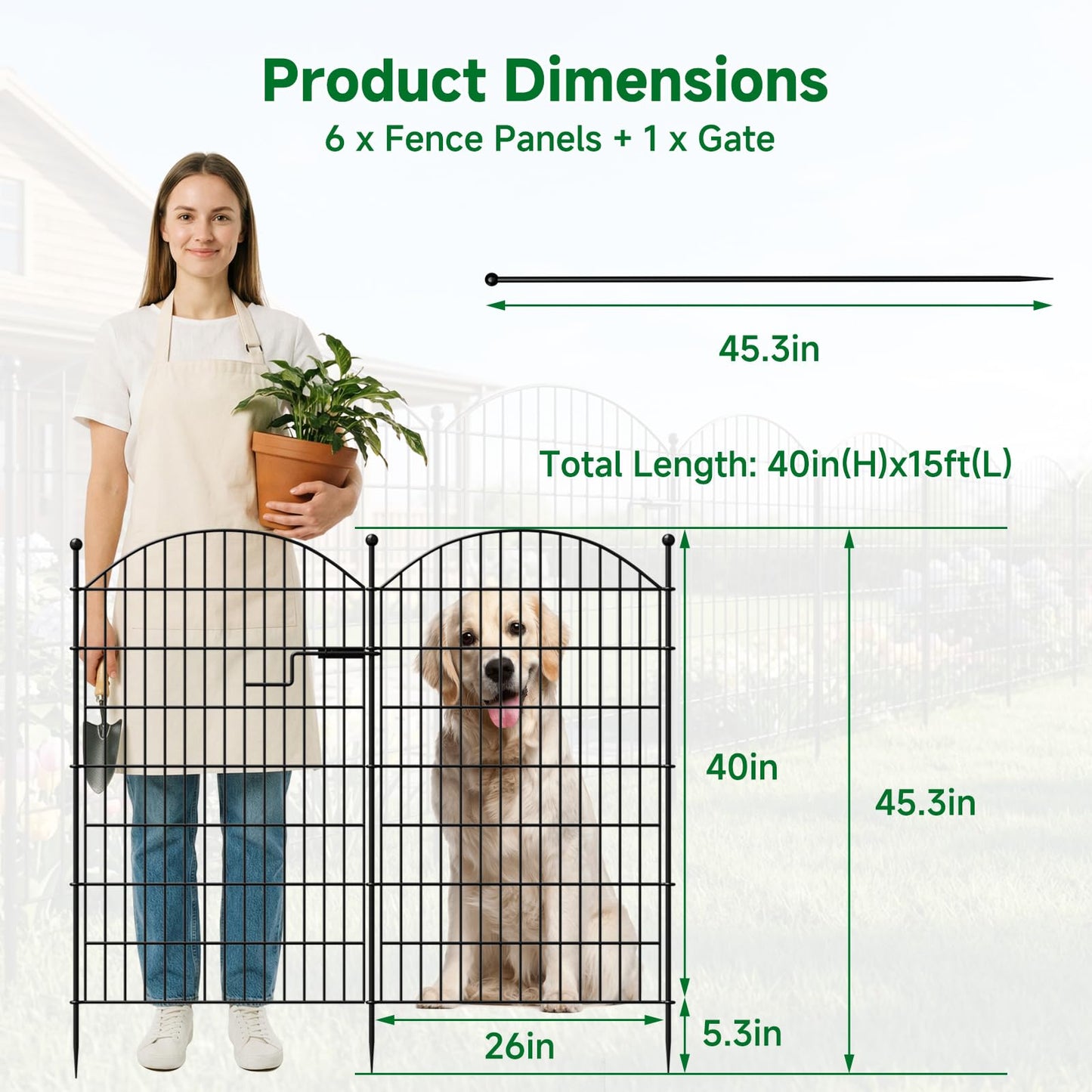 SUNYRISY Metal Garden Fence Animal Barrier with Gate, 13 Panels 40 in (H) X 28 ft(L) No Dig Dog Pet Fence Outdoor for Yard, Temporary Fencing for Outside Garden Border