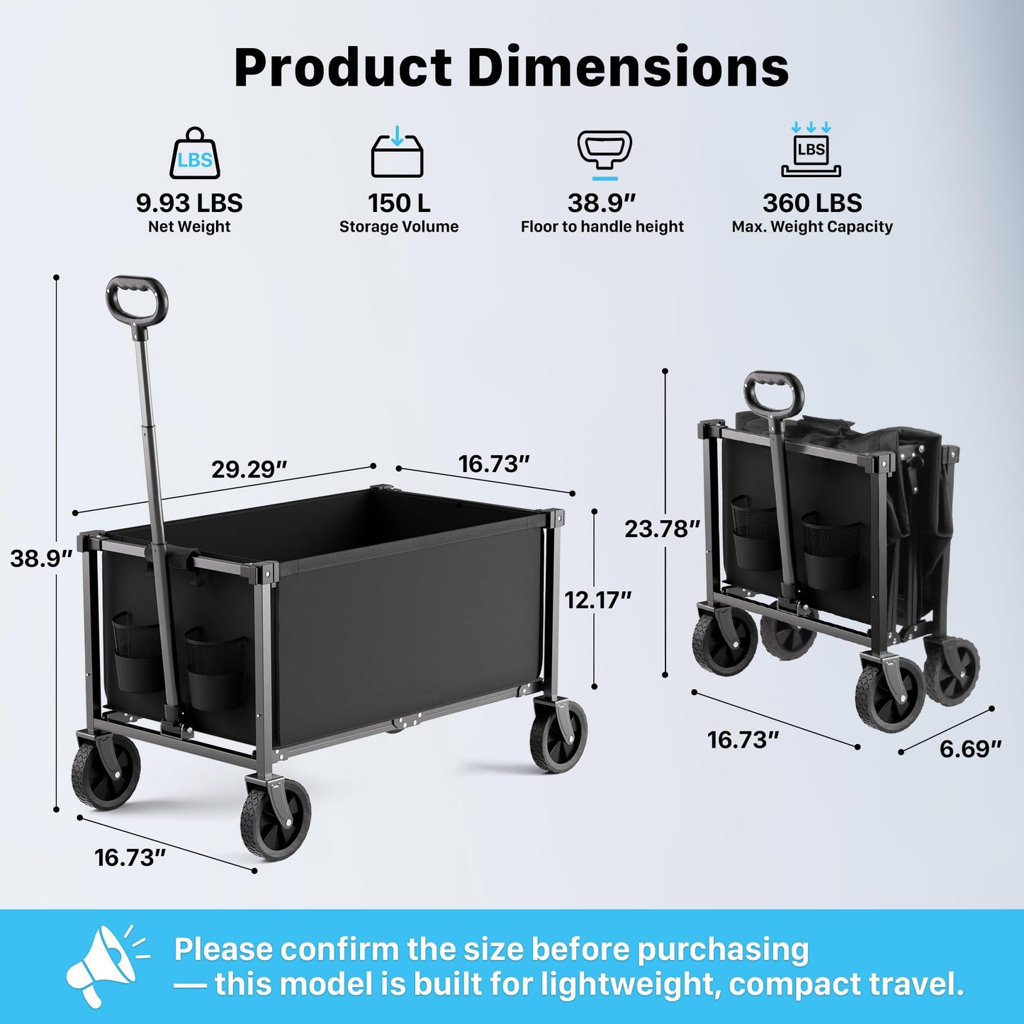 HOMBETTA 29.3" Collapsible Wagon Cart, 150L Heavy Duty Folding Utility Wagon with Wheels, 360 lbs Load, Portable Rolling Cart for Garden, Shopping, Sports, Camping, Black
