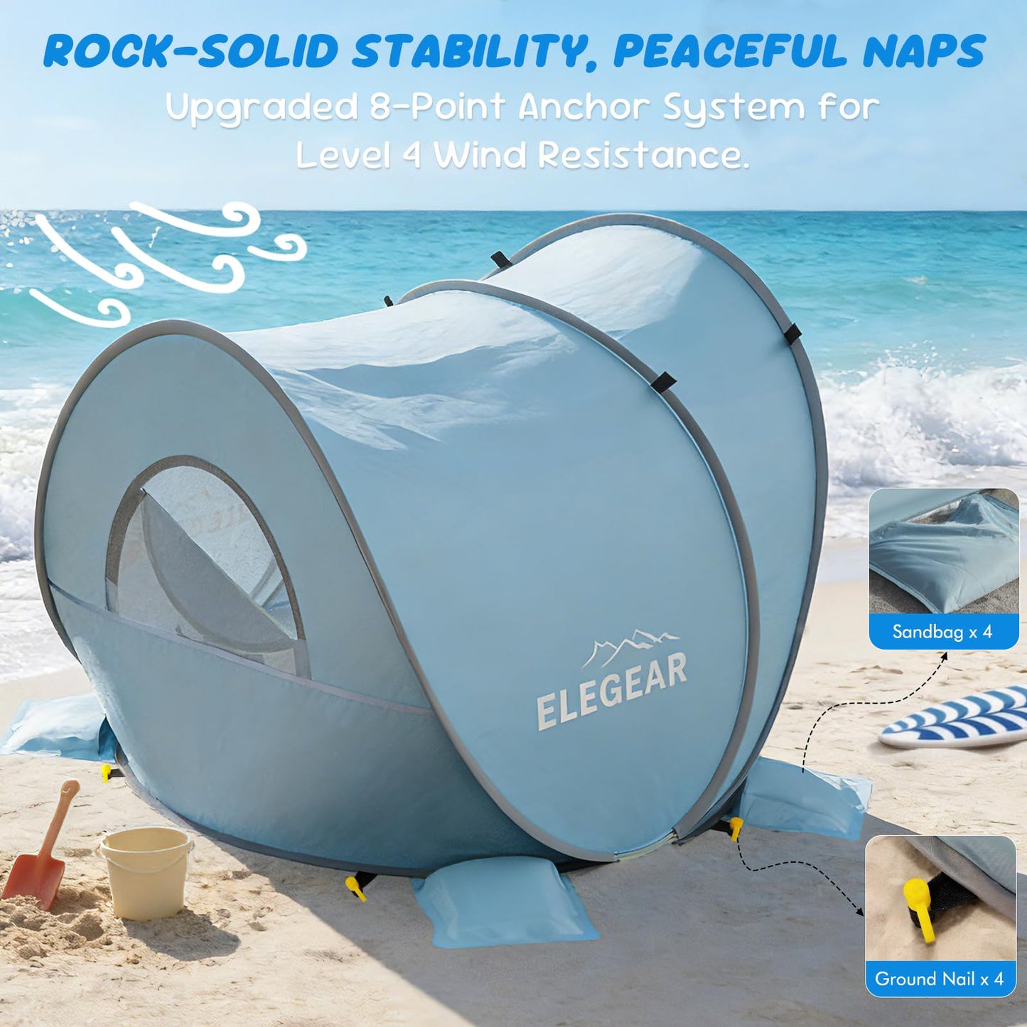 Elegear Pop Up Baby Beach Tent with Mini Canopy, CumbreX™ UPF 50+ UV Protection Baby Tent Sun Shelter, 1S Setup Portable Baby Beach Essentials Shade for Infant Toddler Outdoor Indoor Play - Blue