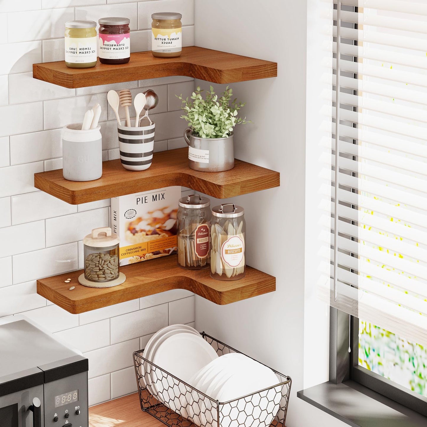 Fixwal Corner Floating Shelves for Wall Mounted Natural Solid Wood 16"x11.4" Farmhouse Home Decor Display Shelving Set of 3 (Rustic Brown)