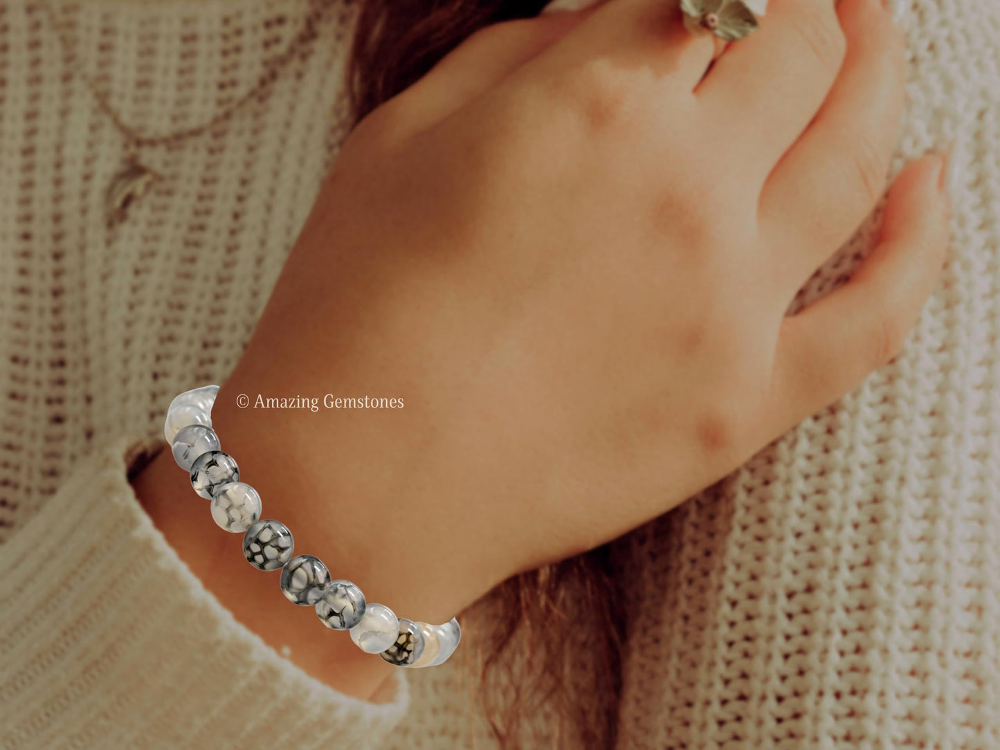 Amazing Gemstone Crystal Bracelet for Women Men's Gifts - Protection Healing Crystal Bracelet - 8mm Gemstone Beaded Stretchable Bracelet Pulseras Para Hombres Mujer Stocking Stuffers Mothers Day Gift (Dragon Vein Agate)