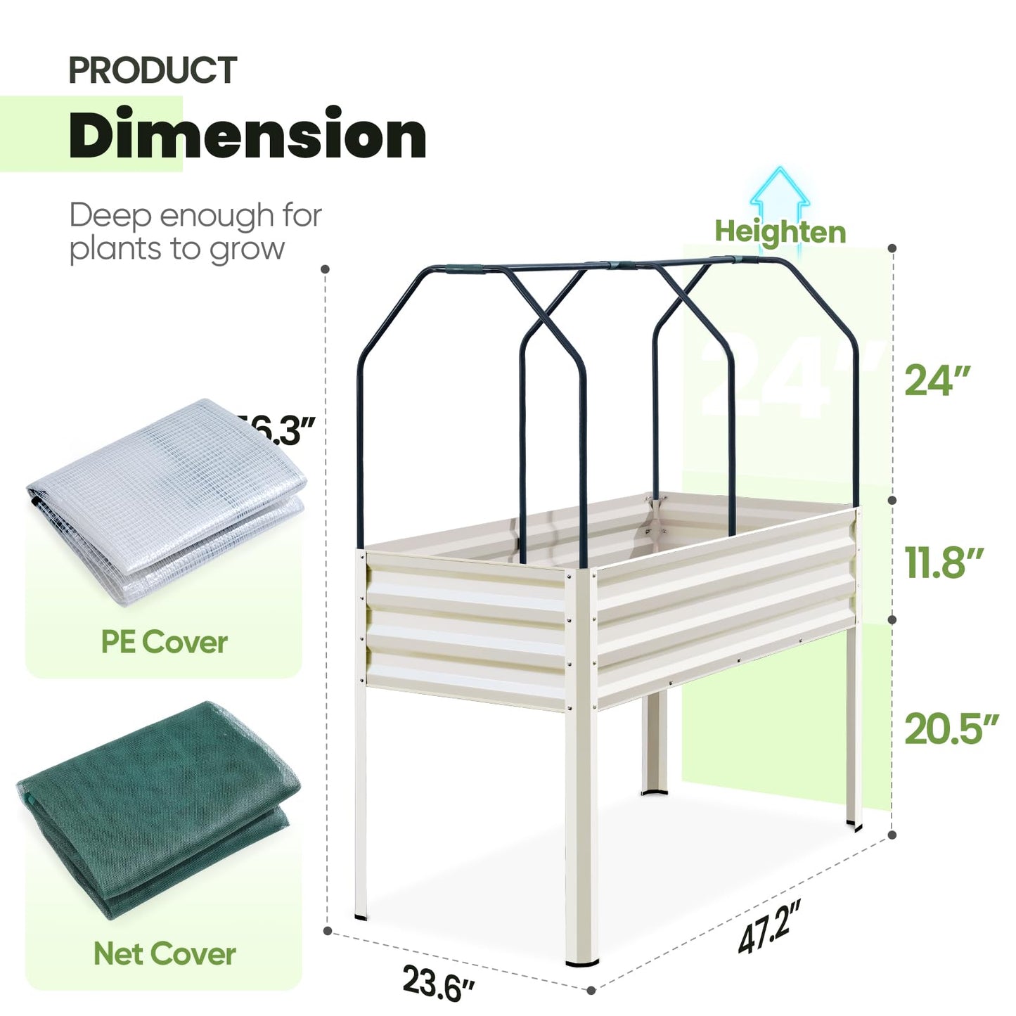 KING BIRD Raised Garden Bed with Cover & Netting Galvanized Elevated Large Planter Box with Legs 48×24×56 in for Backyard, Patio, Balcony, 400lb Capacity, Beige