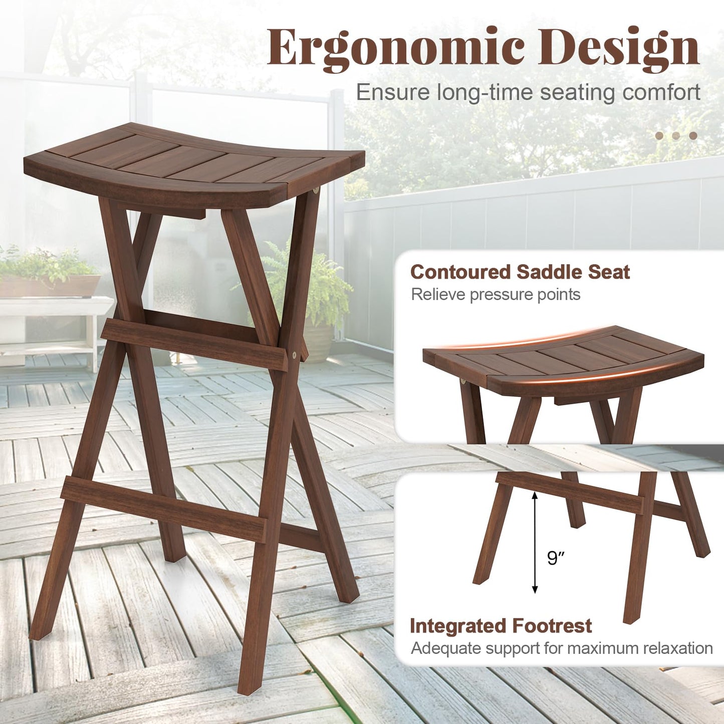 COSTWAY Folding Wooden Bar Stools Set of 2, 30-inch Height Backless Saddle Stools with Footrest, Foldable Chairs for Kitchen Island, Counter, Patio, Indoor & Outdoor, No Assembly Required, Teak