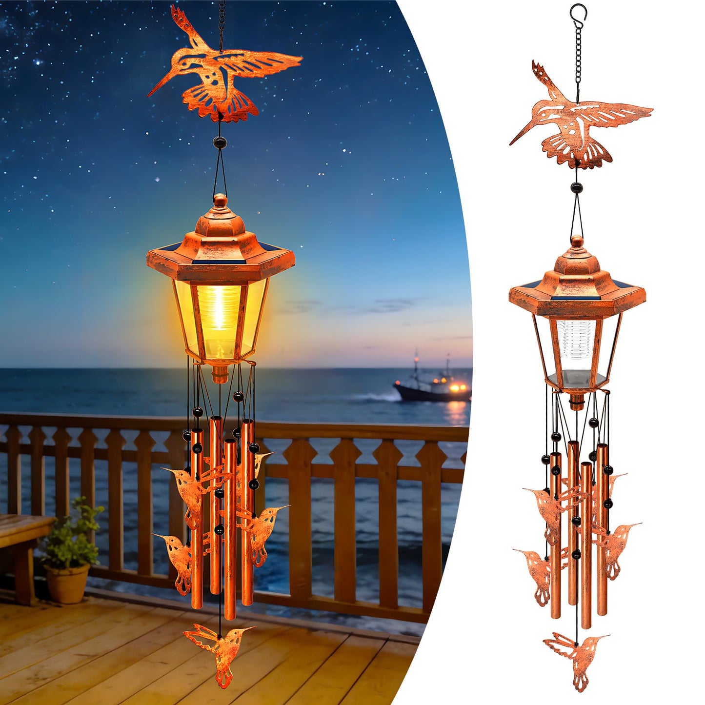 Hummingbird Solar Wind Chimes for Outside, Birthday Gifts for Mom Women Grandma Mother's Day Memorial, 34-Inch Windchimes with Wind Spinner, Outdoor Hanging Solar Lights Waterproof Yard Garden Decor