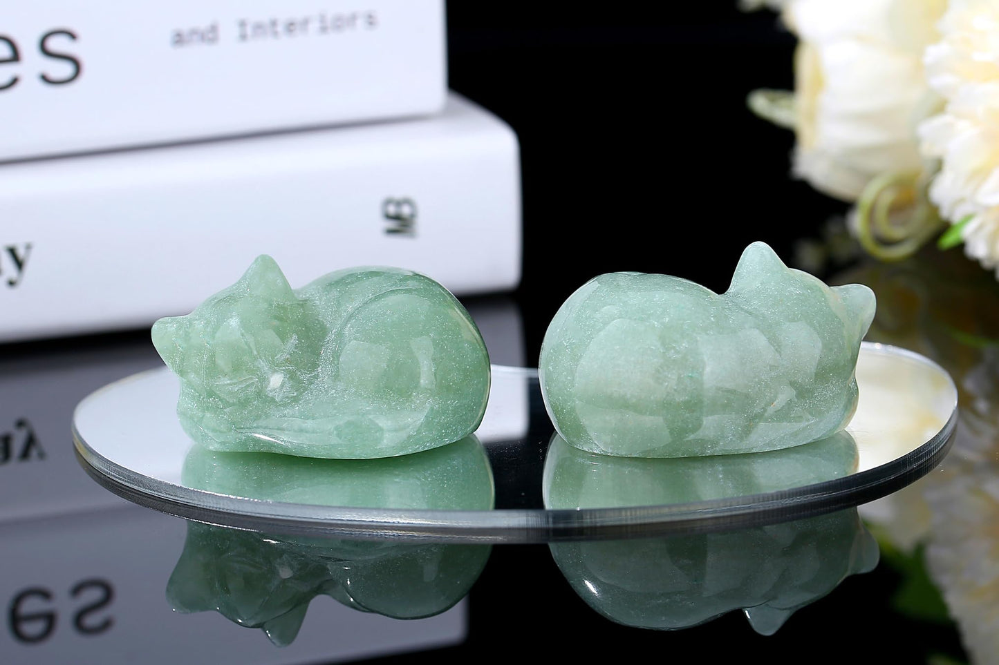 YATOJUZI 2" Cat Decors Statues Green Aventurine Crystals Sleeping Cats Gemstone Hand-Carved Cute Animal Statue Figurine Home Office Desk Decor Lucky Energy Reiki Kitten Ornaments Gifts for Women Men