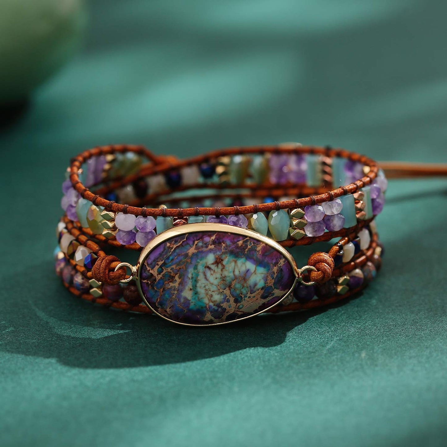 Plumiss Boho Handmade Blue Purple Imperial Jasper Stone Crystal Hematite Mixed Bead 3 Wraps Bracelets