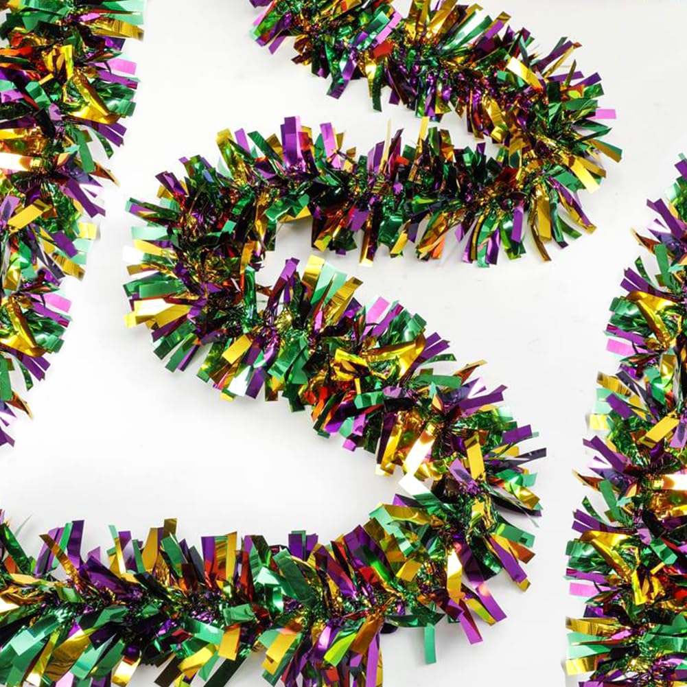 33Ft Christmas Tinsel Garland, Gold Green Purple Metallic Twist Foil Tinsel Garland Hanging Decor for Christmas Tree Birthday Kwanzaa Party Indoor Outdoor Party Supplies - Gold Green Purple