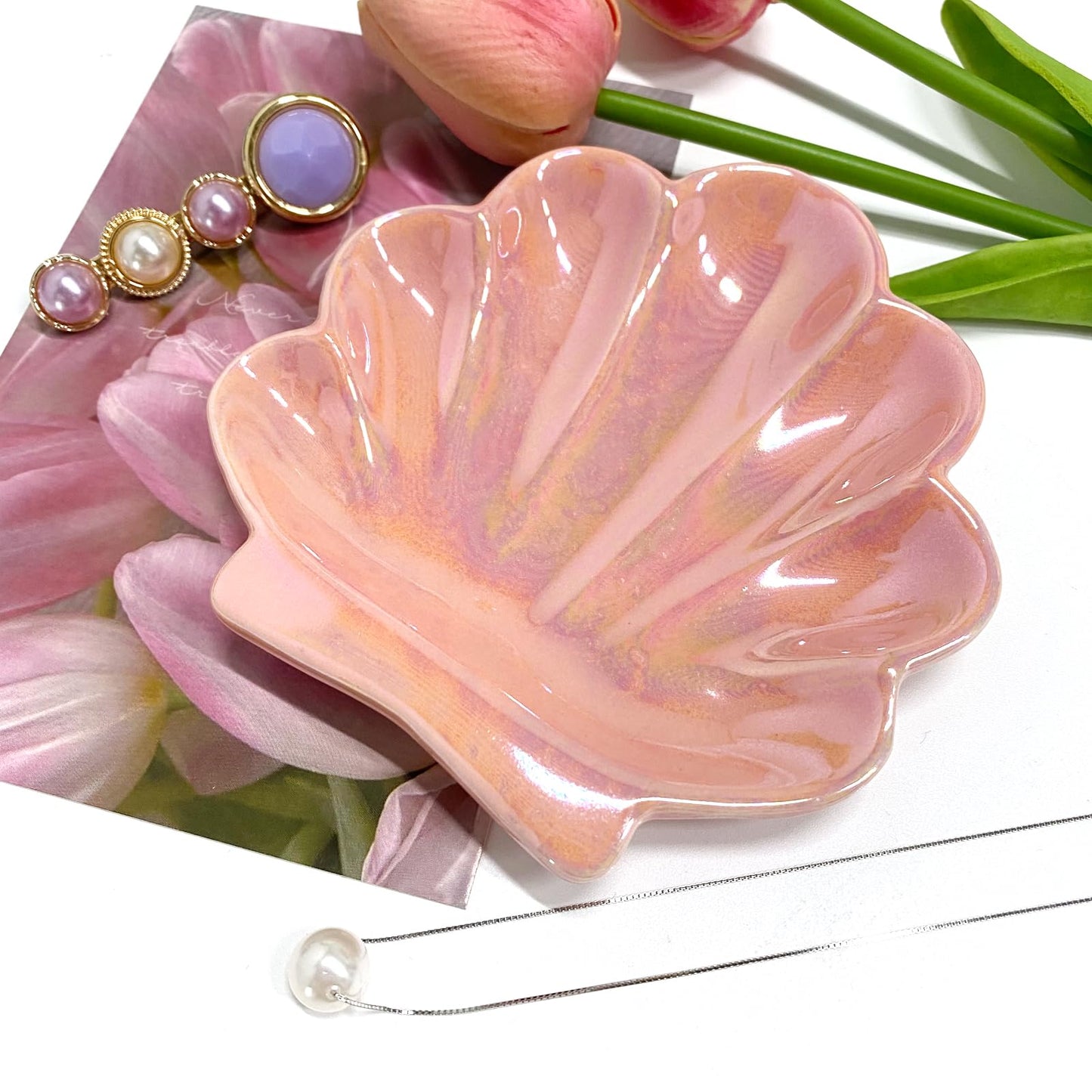 TIGERMILLION Sea Shell Jewelry Dish, Ceramic Seashell Jewelry Holder, Cute Organizer Plate Vanity Decorations Accessories for Home Bathroom Decor Birthday Mother's Day Christmas Gift for Women