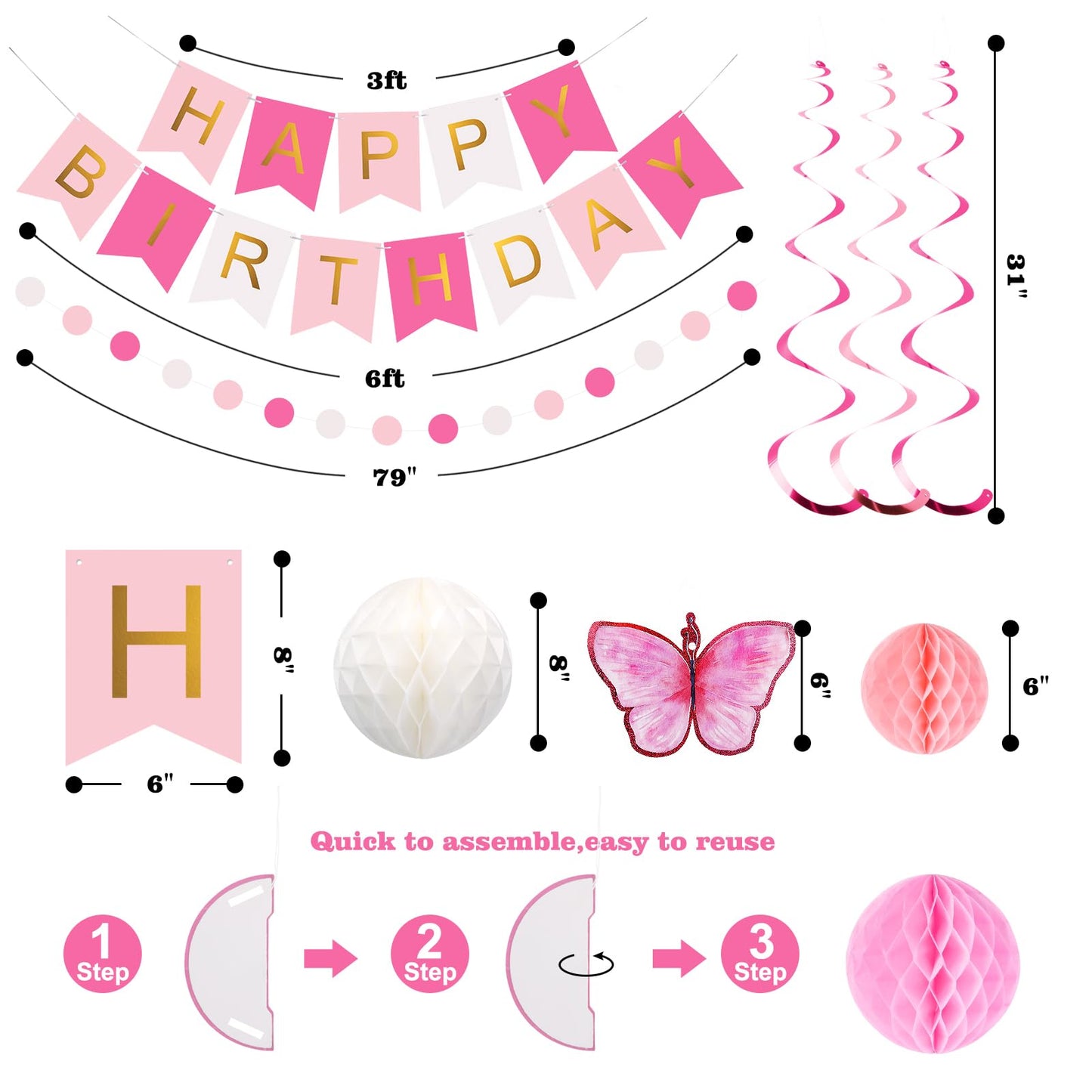 meowtastic Birthday Decorations, Happy Birthday Banner with Honeycomb Balls, Butterfly Hanging Swirl Streamers, Circle Dots Garland, Happy Birthday Party Decorations for Women Girls (Pink & White)