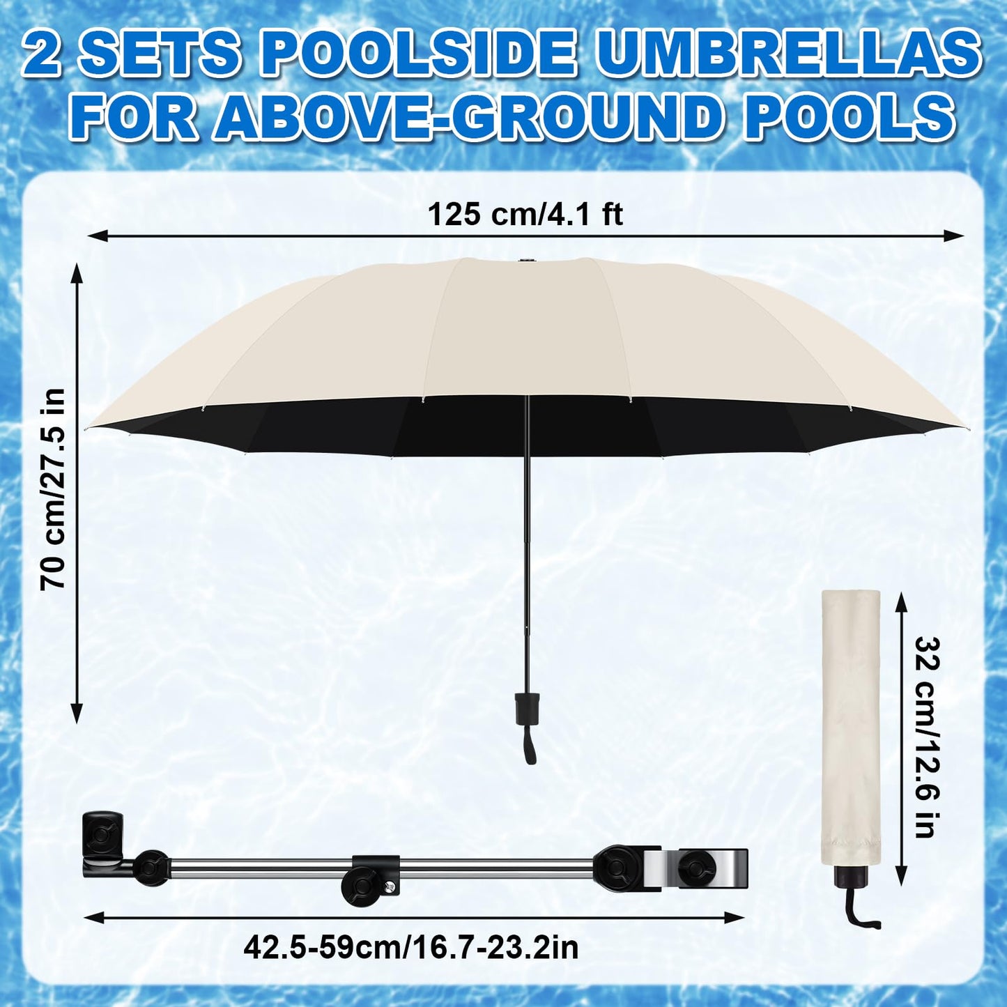 2 Pack Pool Canopy Shade for Above Ground, 50" Chair Umbrella with Clamp Adjustable, Portable UPF 50+ UV Protection Outdoor Umbrella for Patio/Backyard/Beach/Camp Trolley/Strollers/Golf Carts (Beige)