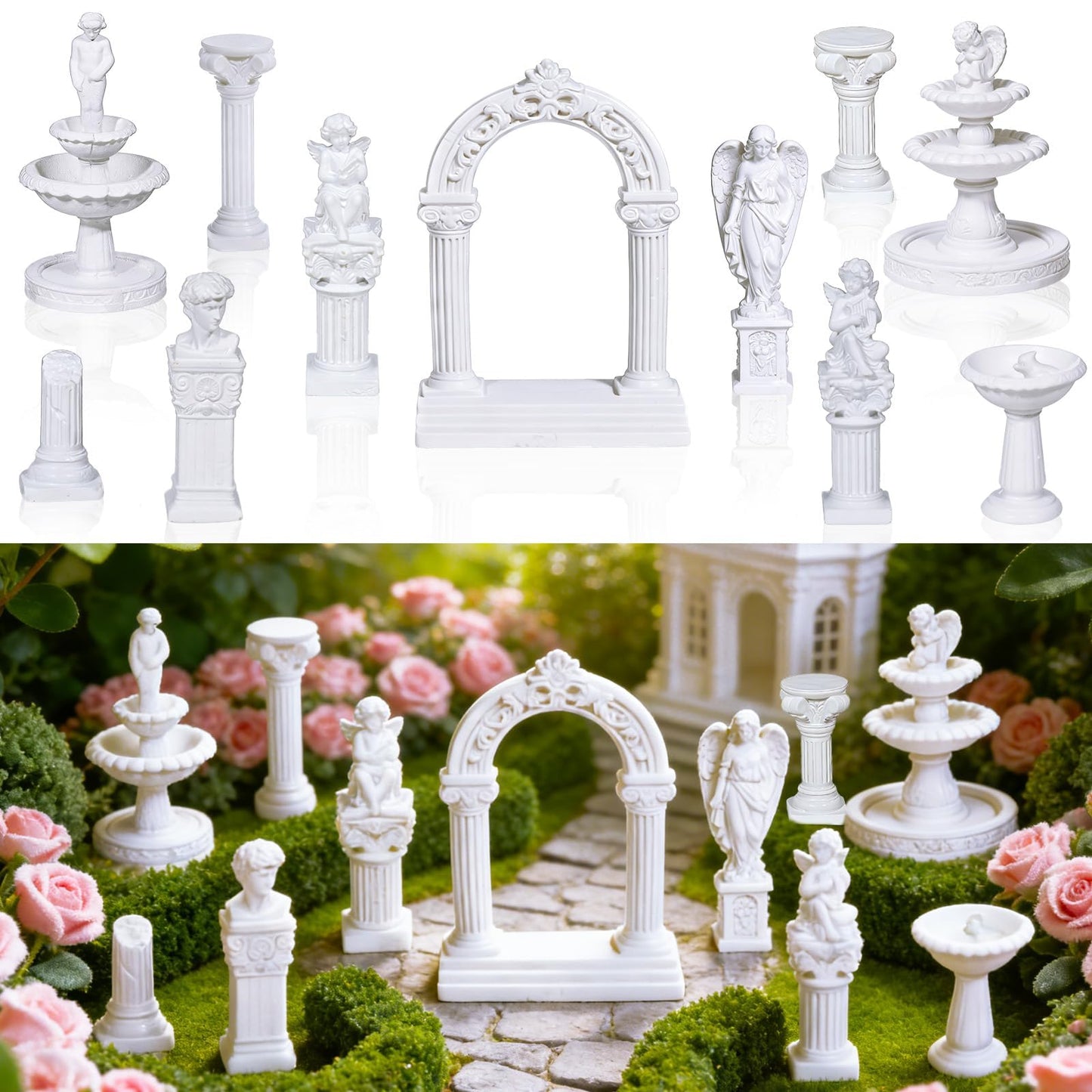 Warmtree 1:12 Scale Miniature Fairy Garden Furniture Accessories 11 Pcs White Resin Greek Statue Angel Sculpture Fountain for Mini Fairy Garden Micro Landscape DIY Craft Decoration