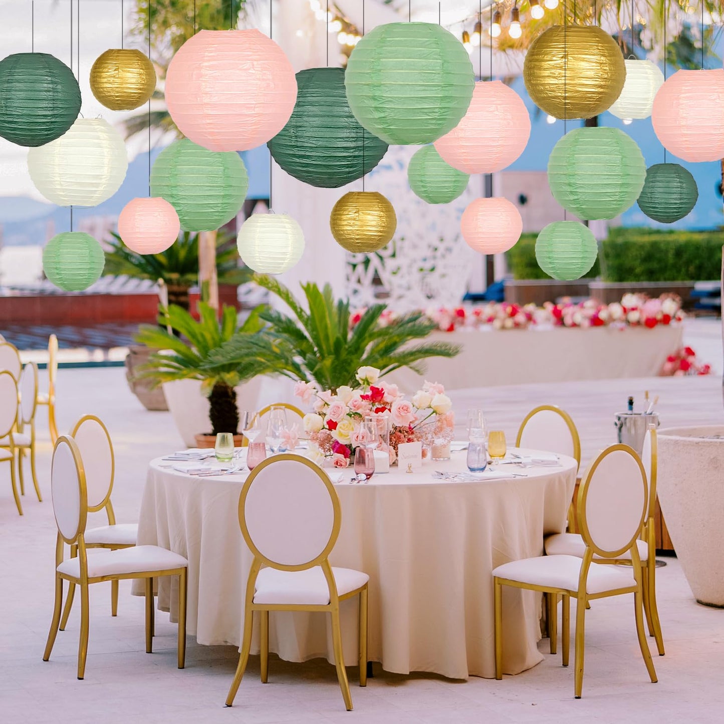 ADLKGG Paper Lanterns Decorative, Hanging Paper Lantern Decorations for Valentines Day Decorations Graduation Wedding St. Patrick's Day Neutral Baby Shower Home Decor Sage Green/Pink/Gold 21pcs