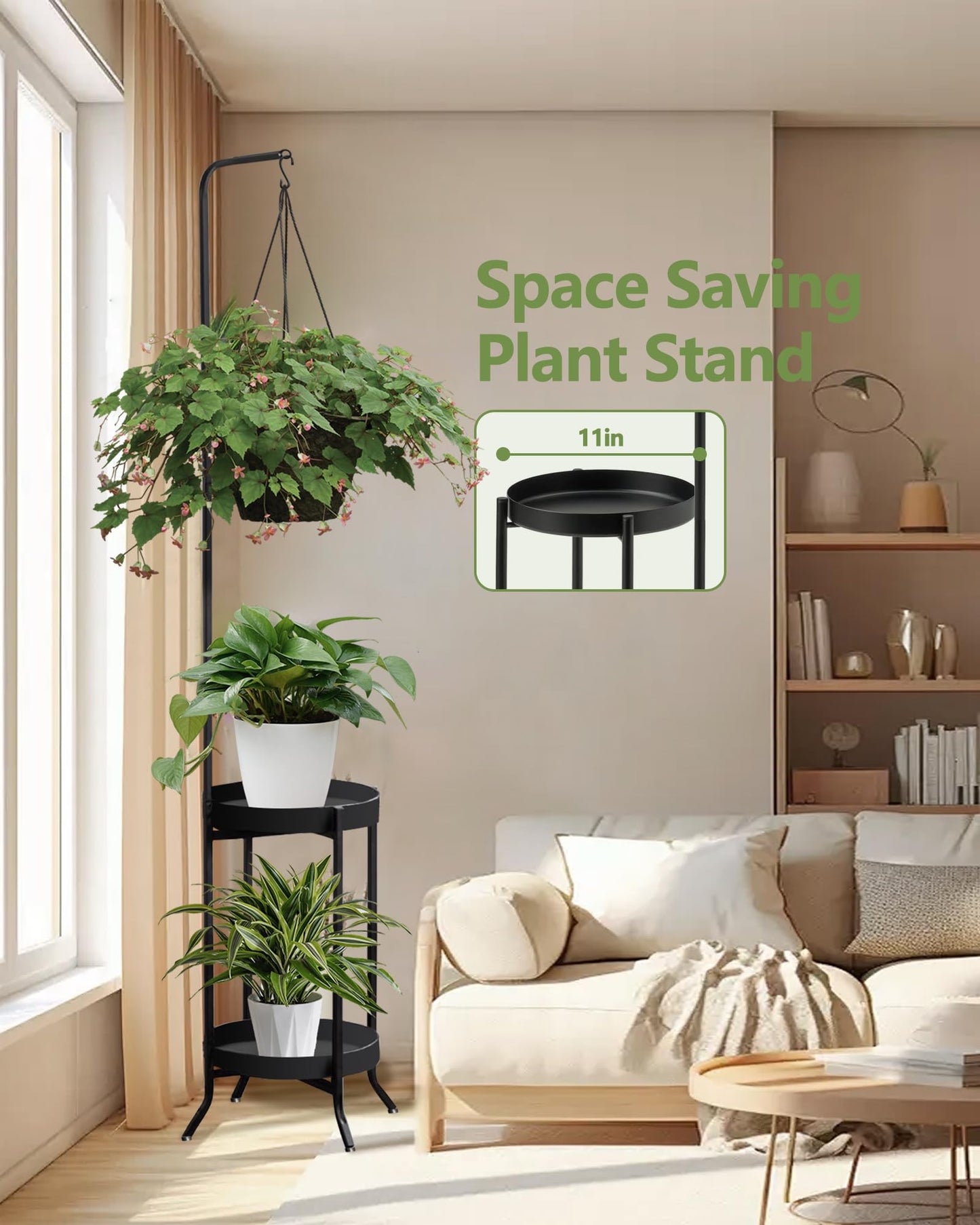 RINBOU 2Pcs Hanging Plant Stand Indoor Outdoor, Space-Saving Corner Metal Plant Shelf 3 Potted Flower Pot Stand, 2 Tier 61" Tall Modern Planter Holder for Patio Garden Balcony Living Room Bedroom