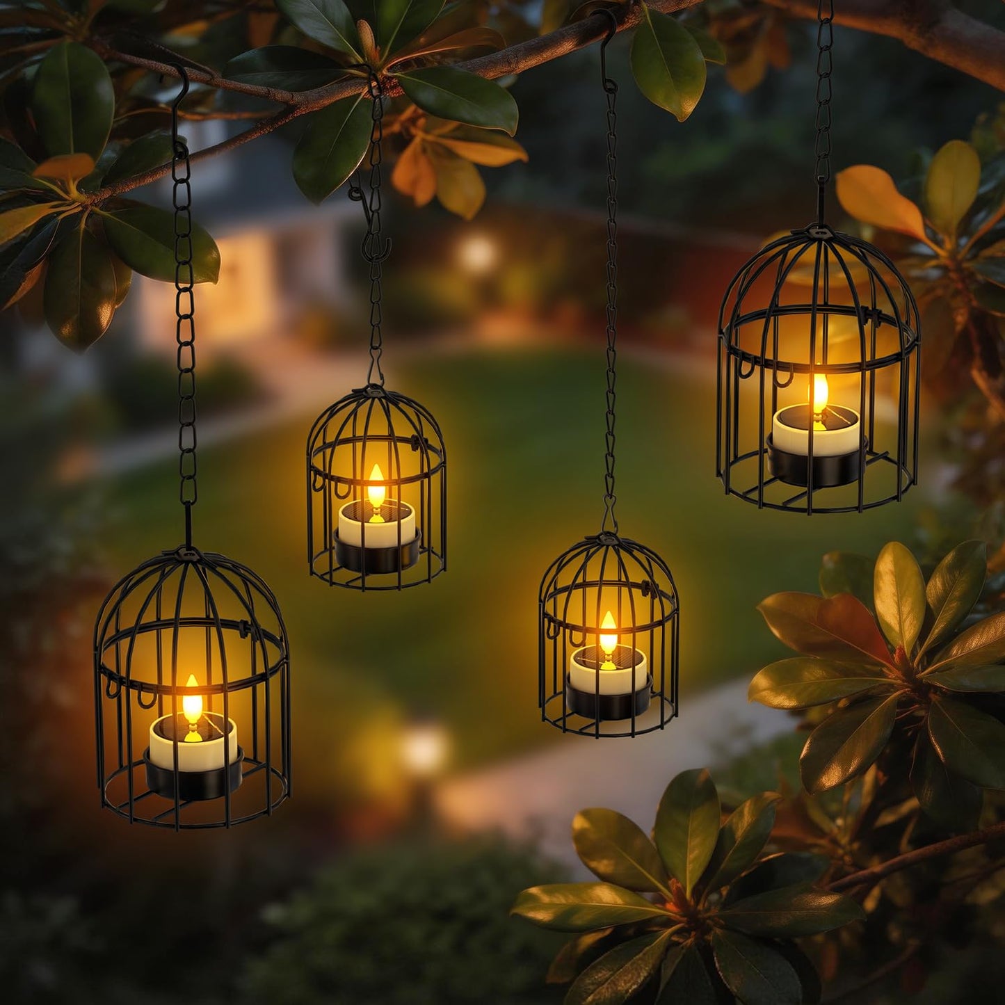 SoulBay Outdoor Lanterns with Solar Tea Lights, 4 Pack(2L 2S) Hanging Waterproof Solar Lights for Outside with Extended Chain, Bright & Long Lasting Solar Candles, Birdcage Lamp for Tree Patio Garden