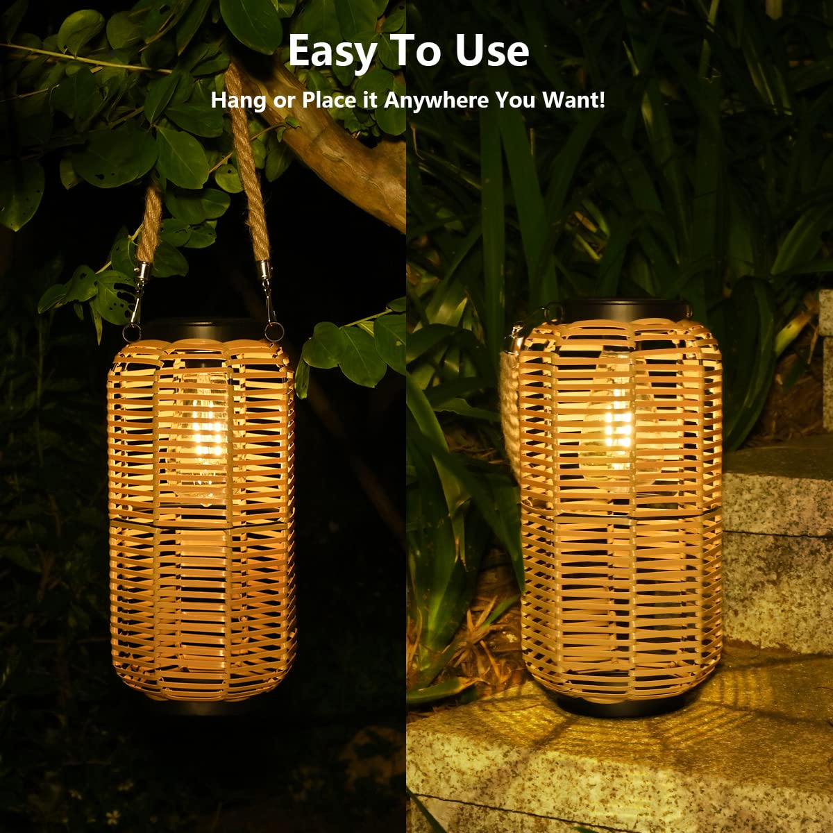 Livinlarge Solar Lantern Outdoor Hanging Lights, Rattan Lantern Waterproof with Twine Handle, Bright Solar Outdoor Lights with Edison Bulb for Garden Patio Yard Tabletop Decoration