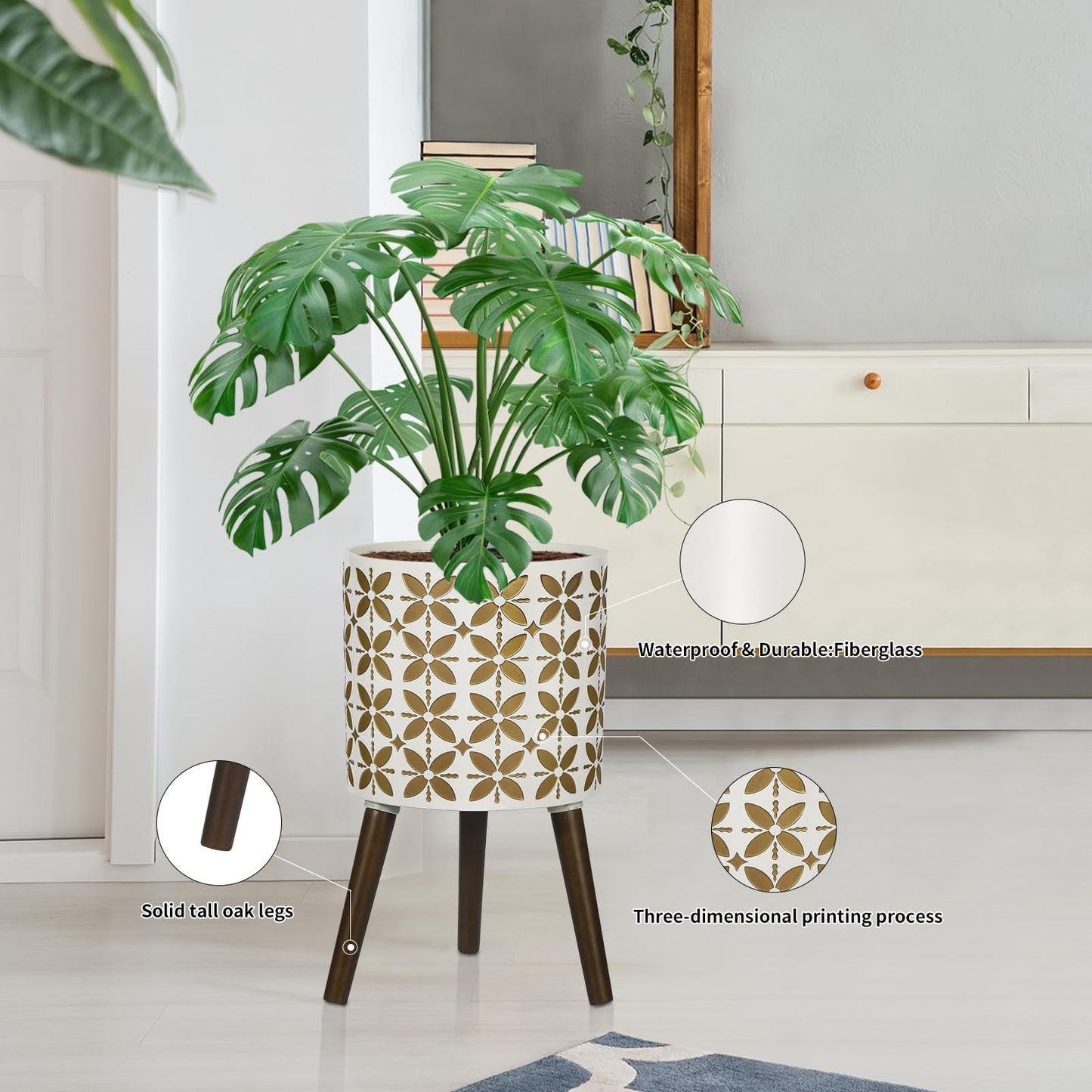 nacltlo12 Inch Planter with Stand, Plant Stand Indoor, Plant pots, Modern Mid-Century,Large Flower Planter Pot with Drainage Holes for Outdoor,White and xGold