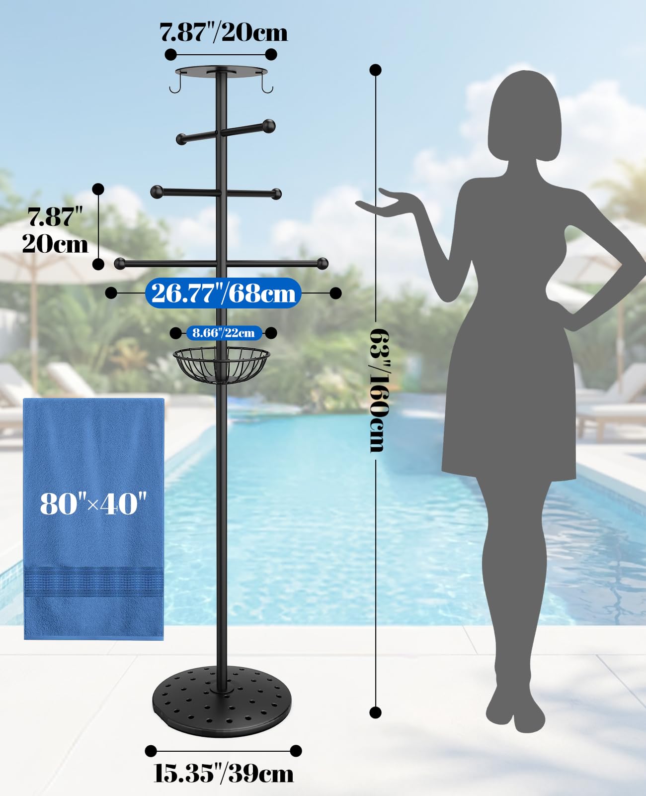 Luxspire Pool Towel Rack Outdoor, 6 Bars Outdoor Pool Towel Holder, 63 inch Heavy Duty Pool Accessories Outdoor Towel Rack with Tray and Hooks Storage for Beach, Hot Tub, Bathroom, Backyard, Black