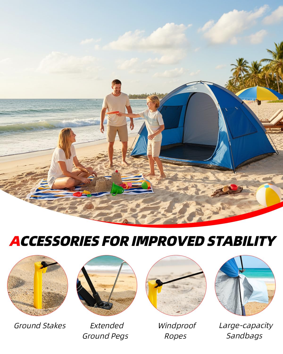 Abahub 3-Person Beach Tent Sun Shelter, UPF 50+ UV Protection Portable Sun Shade with 2 Doors and 2 Mesh Windows, Lightweight Beach Cabana for Beach, Camping, Fishing & Outdoor Activities