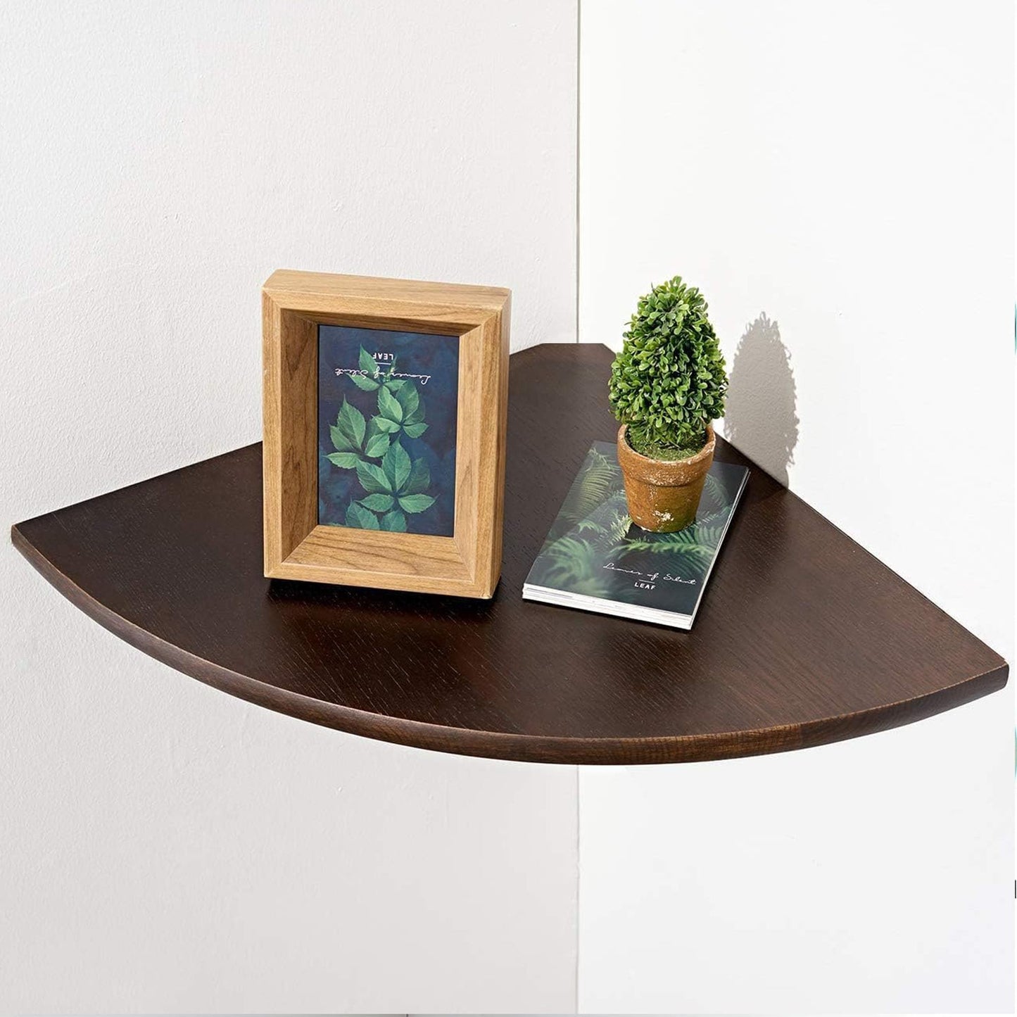 Conamily Corner Shelf,14inch Walnut Solid Wood Floating Corner Shelves Wall Mount Round End Floating Speaker Rack with Wire Hole for Small Plant for Bedroom Kitchen, Living Room
