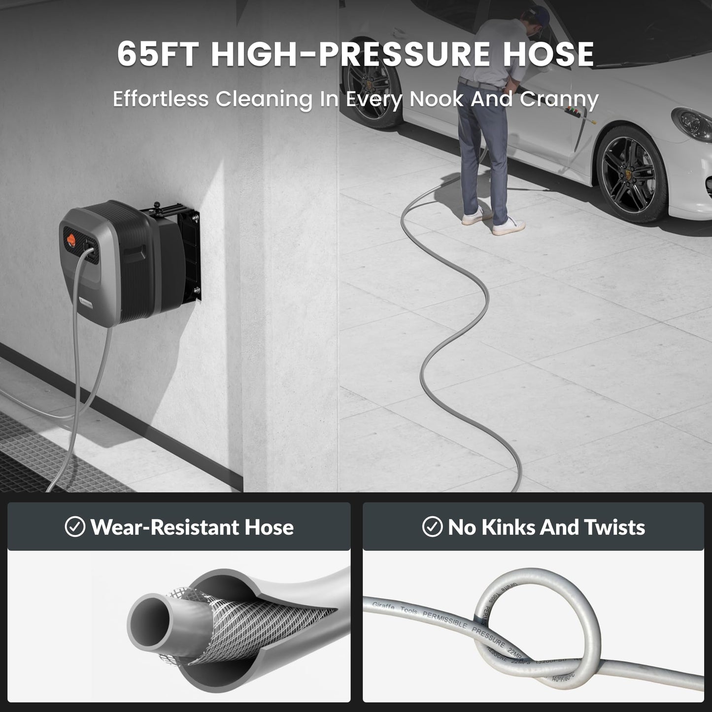 Giraffe Tools Grandfalls Retractable Pressure Washer G20, 2500 PSI 2.2 GPM, 180° Wall Mounted Power Washer, Auto-Retract with 65ft Pressure Hoses, 5 Nozzles for Floor/Cars/Fences/Patios, Dark Silver
