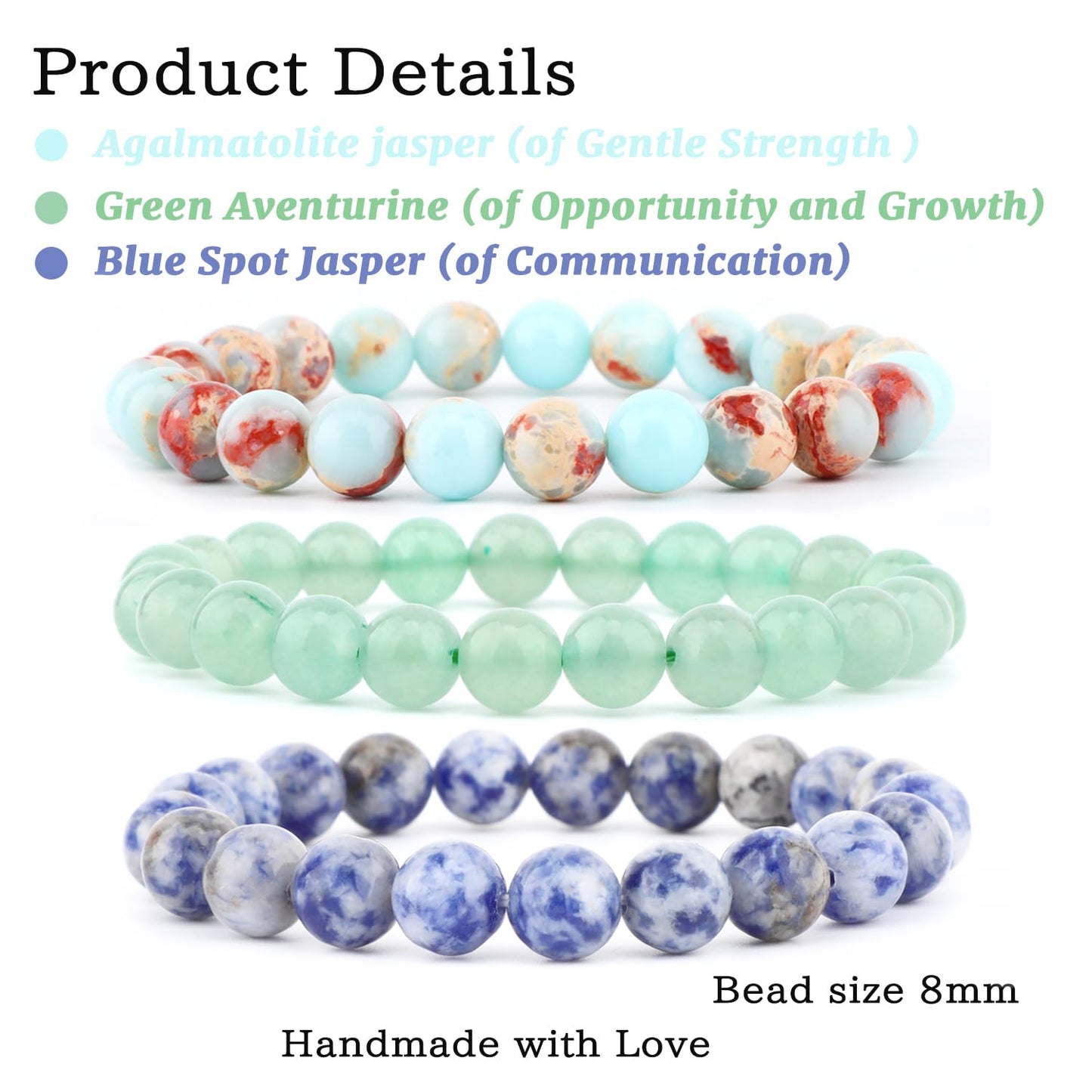 NCB 3-Piece 8mm Natural Crystal Gemstone Stretch Bracelets – ﻿Agalmatolite Jasper, Blue Spot, Green Aventurine Handmade Reiki Energy Healing Jewelry for Meditation,Yoga, Unisex