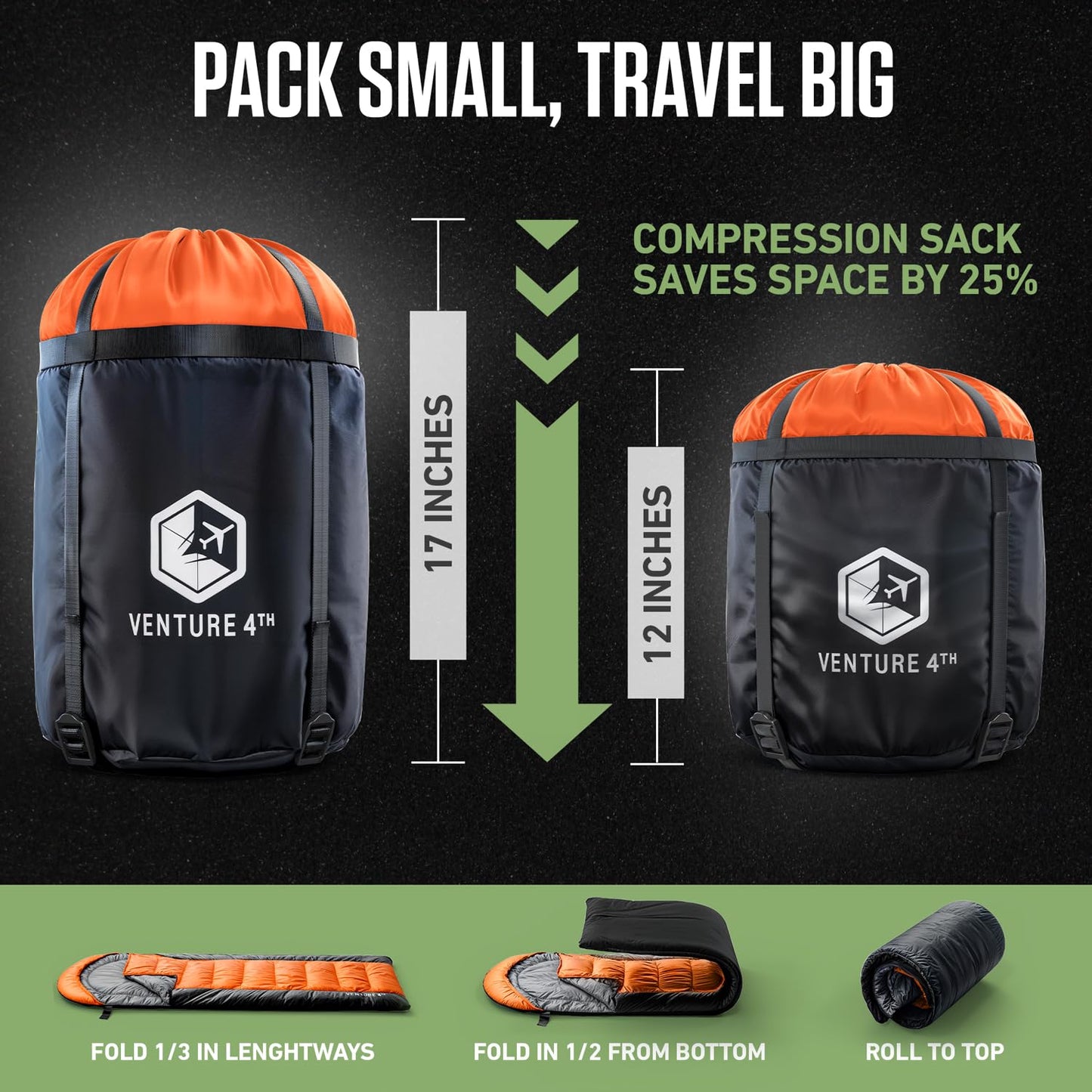 VENTURE 4TH 3-Season XXL Backpacking Sleeping Bag, Camping Sleeping Bags for Adults & Kids - Lightweight, Comfortable, Water Resistant, Ideal for Hiking, Camping & Outdoor – Orange/Black