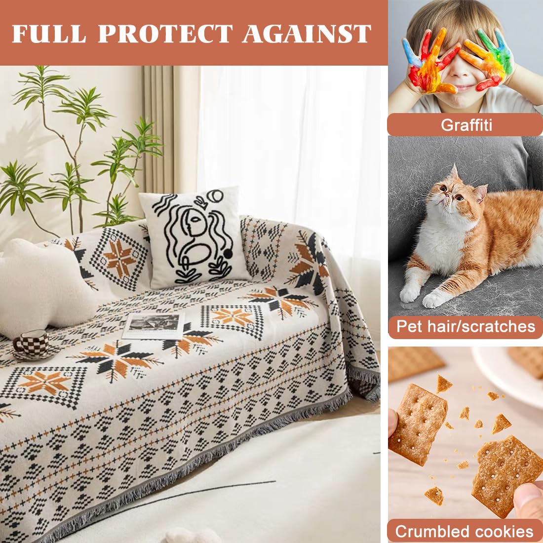 VOPHIA Couch Cover Blanket Boho Sofa Covers Reversible Two-Sided Woven Sofa Slipcovers for Christmas-Washable Thick Soft Throws Cover Blankets for Living Room Home Decor (Maple Leaf, Medium)