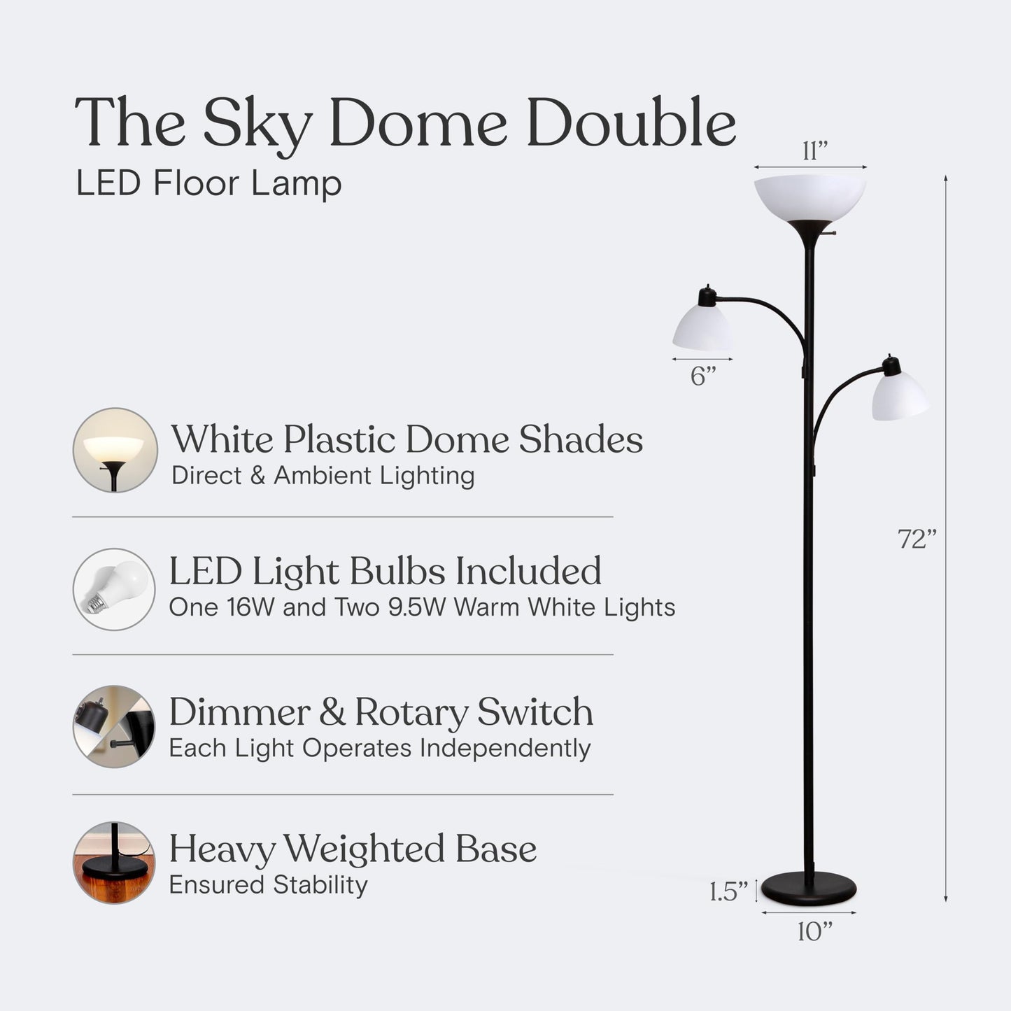 Brightech Sky Dome Double LED Floor Lamp, Torchiere Super Bright Floor Lamp with 2 Reading Lamps for Living Rooms & Offices - Dimmable Tall Standing Lamp for Bedroom Reading - Tall Black Pole