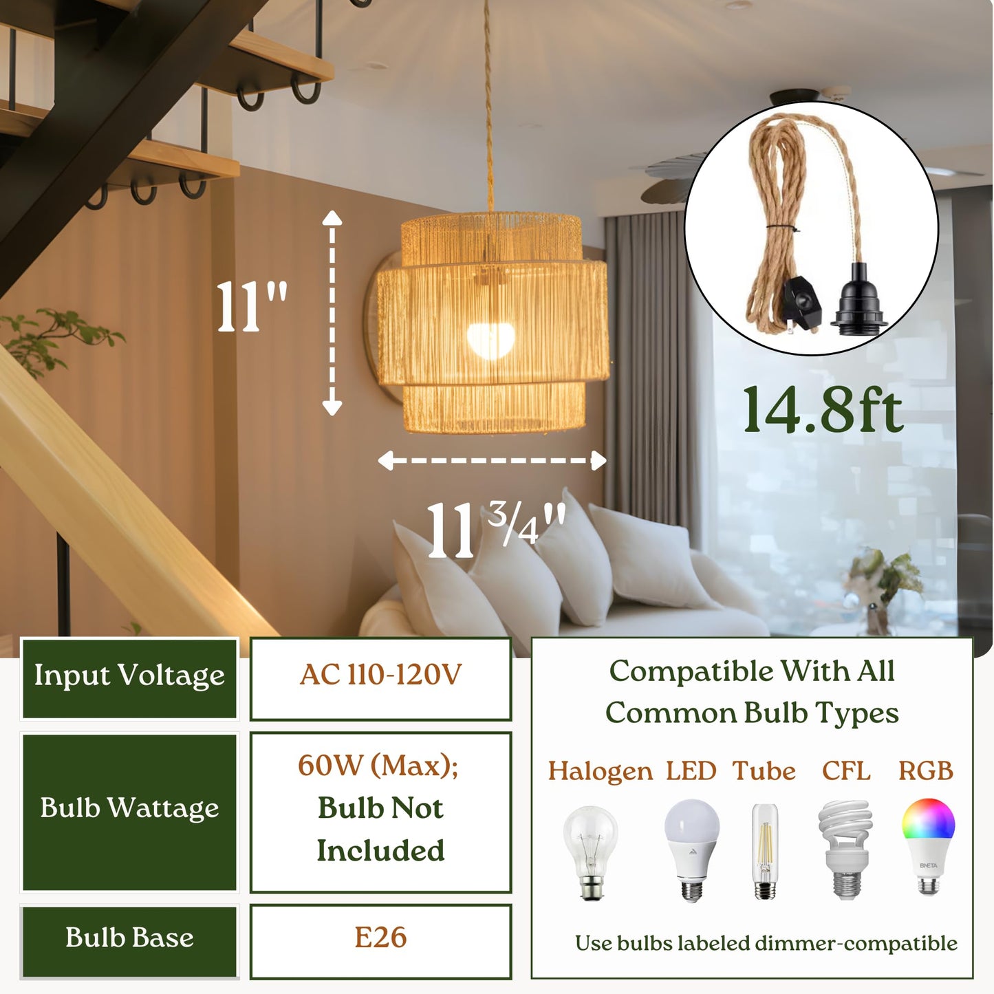 Chi An Home 11.8" Boho Jute Plug in Pendant Light, Handwoven Natural Hanging Lamp Plug in with Dimmable Light Switch, Wicker Hanging Light Fixture for Bedroom Living Room Kitchen (No Bulb Included)