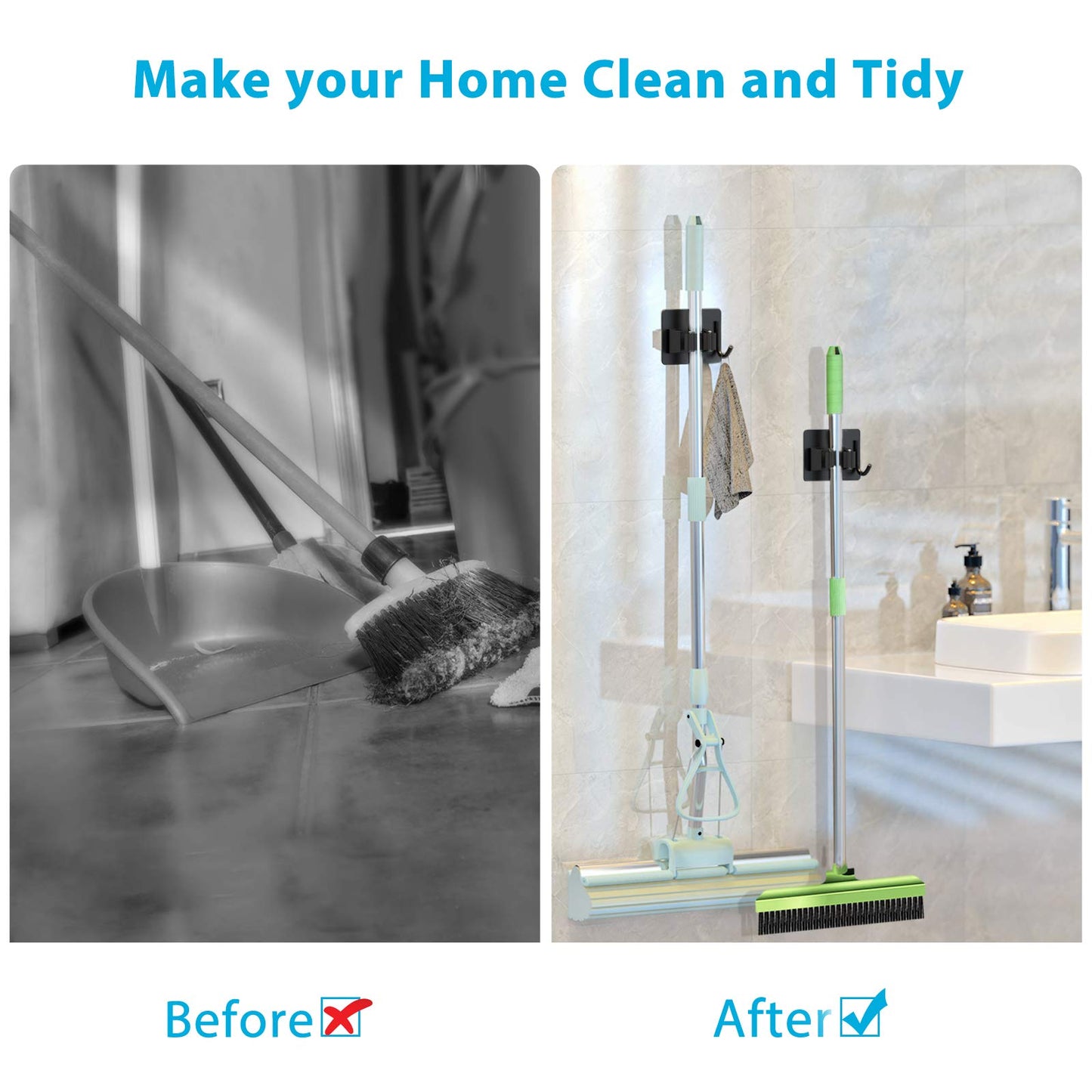 homeasy Mop Broom Holder No Drill, Mop Broom Organizer Wall Mounted Heavy Duty with Hooks Hanger, Self Adhesive Stainless Steel 4Pcs for Bathroom, Kitchen, Office (Black)