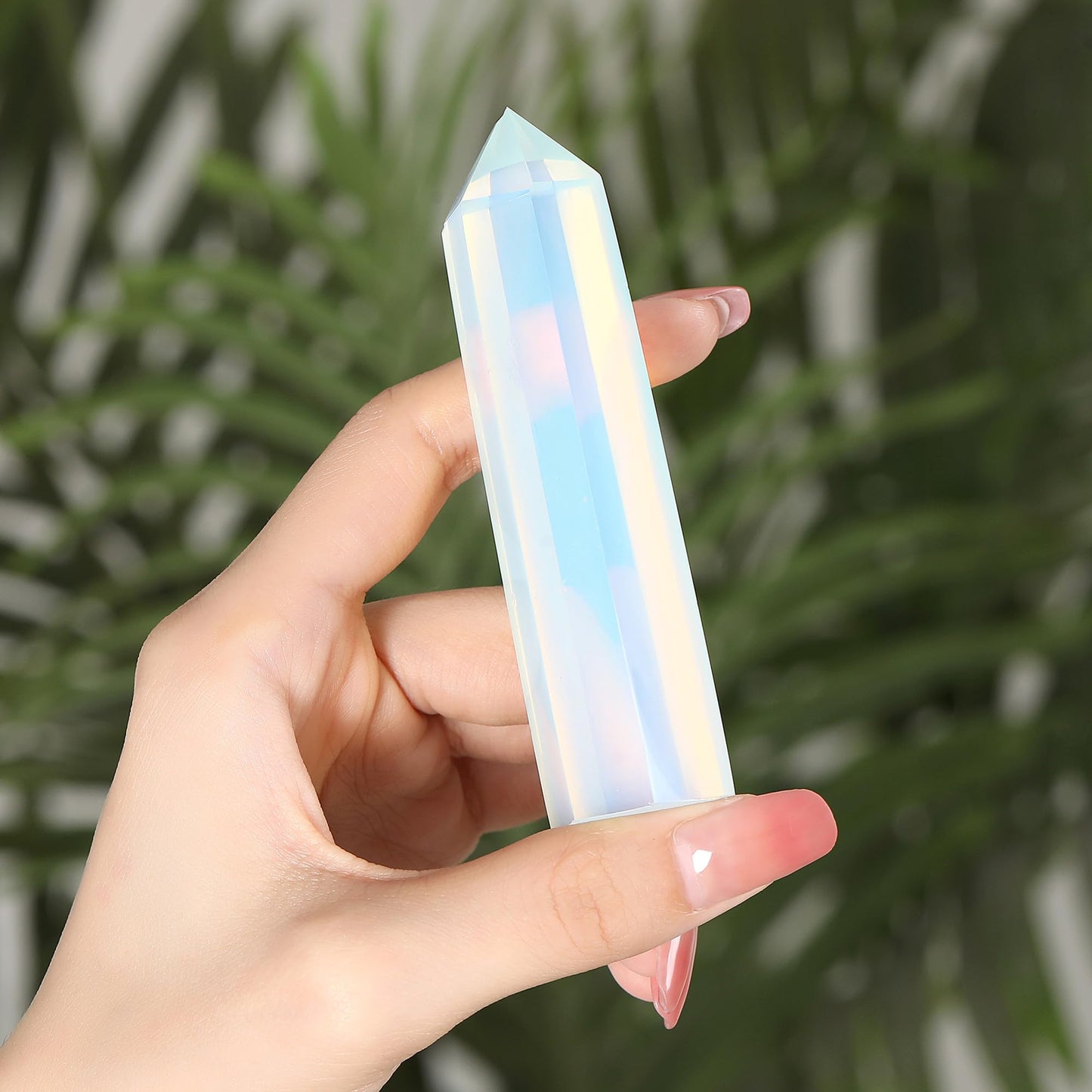 ZHIYUXI 3.7-4" Opalite Gem Opal Stone Moonstone Crystal Wand Hexagonal Pointed Healing Crystals Tower Stone 1 Pc Large Crystals Gemstones Reiki Energy Balancing Meditation Therapy Decoration Gifts