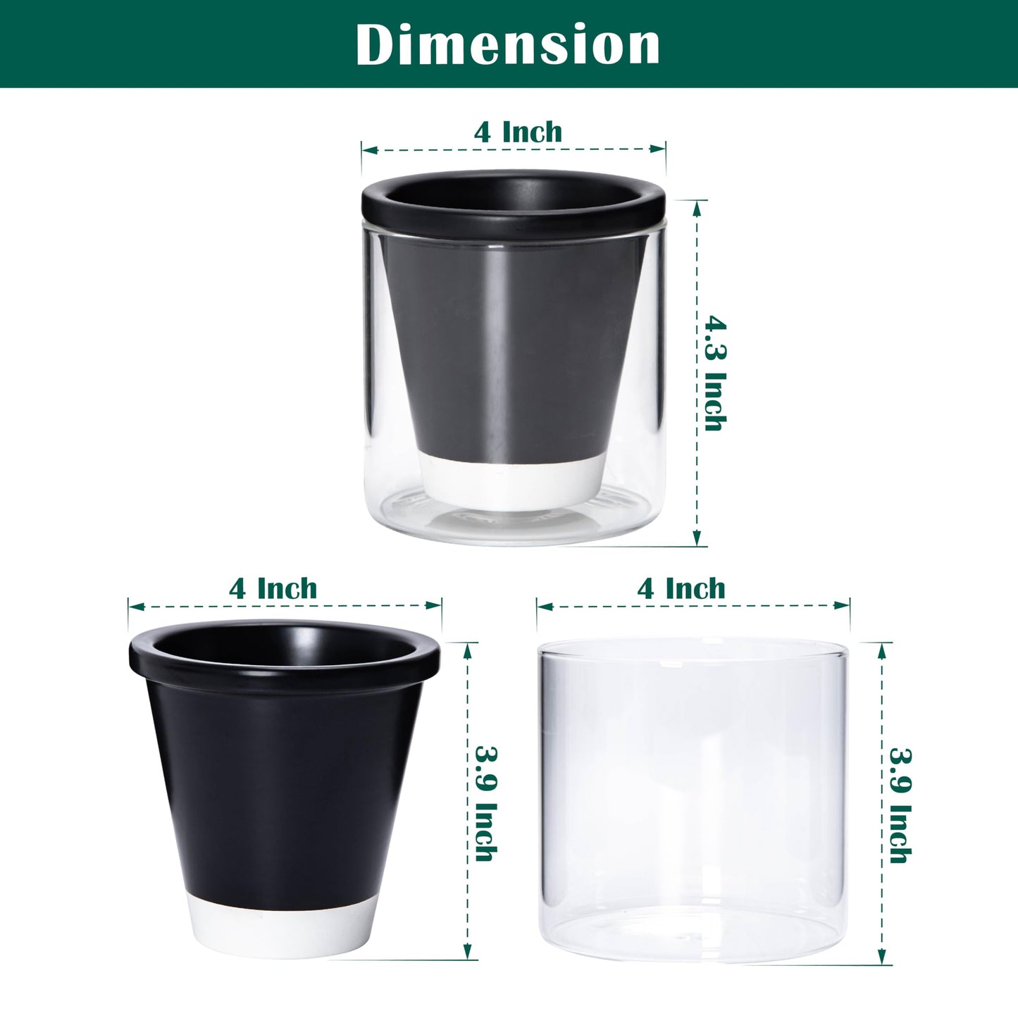 D'vine Dev 4 Inch Design Self Watering Planter for Indoor Plants, Black Terracotta Pot with Cylinder Glass Cup, 37-X-A-3