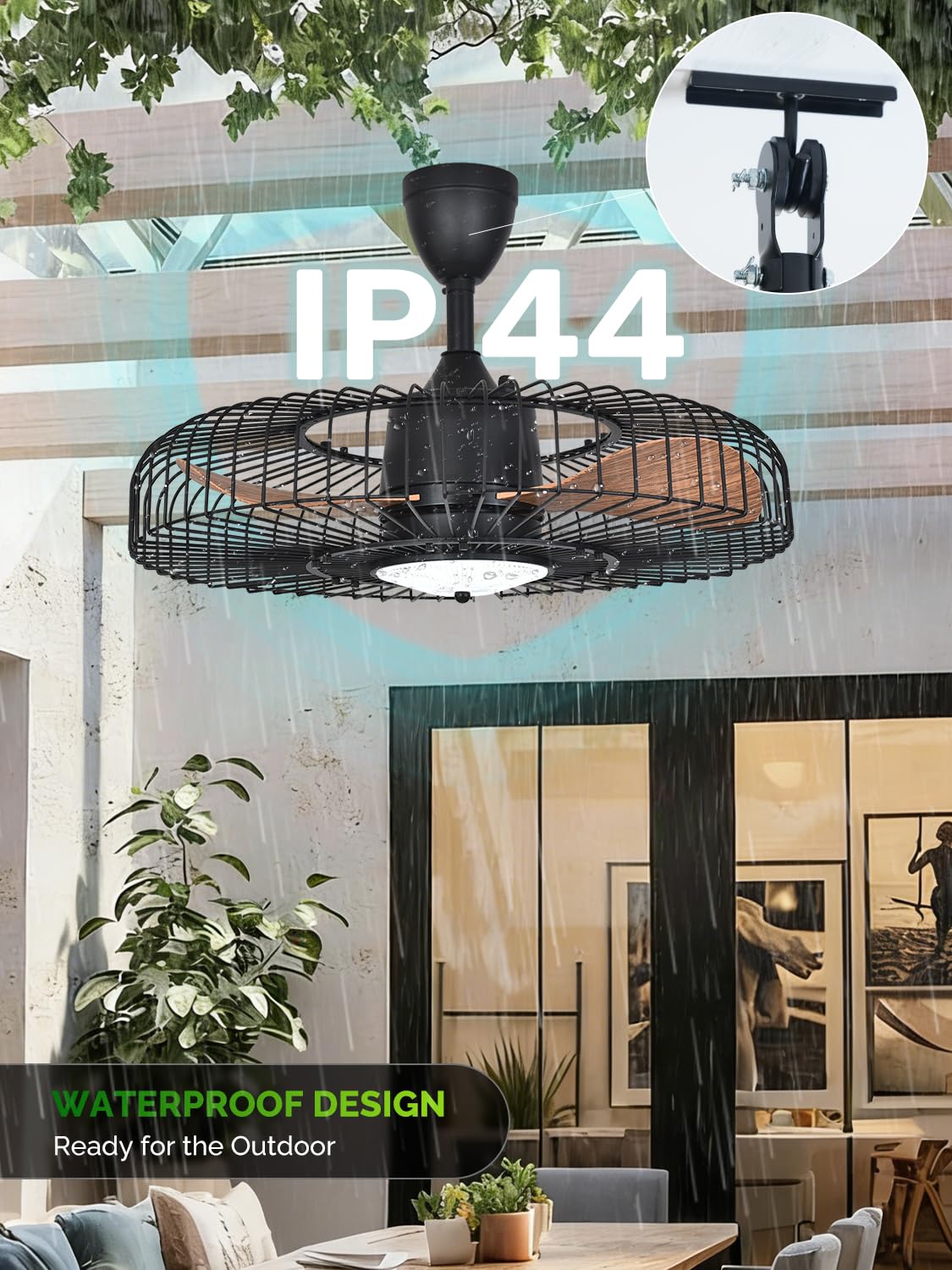 Orison Outdoor Ceiling Fans with Lights for Patio, 24" Weatherproof Ceiling Fan, Gazebo Fan Remote & APP Control, 3CCT Dimmable,Caged Plug in Ceiling Fan with Hanging Hook for Pergola Porch Canopy