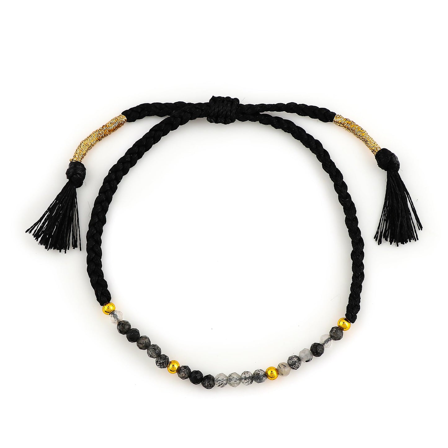 GEMSYMPHONY Black Rutilated Gemstone Beads Braided Bracelet – 3.5mm Natural Stone Beads, Handmade Adjustable Braided Rope Bracelet, Healing Crystal Jewelry for Men & Women, Unisex Boho Gift
