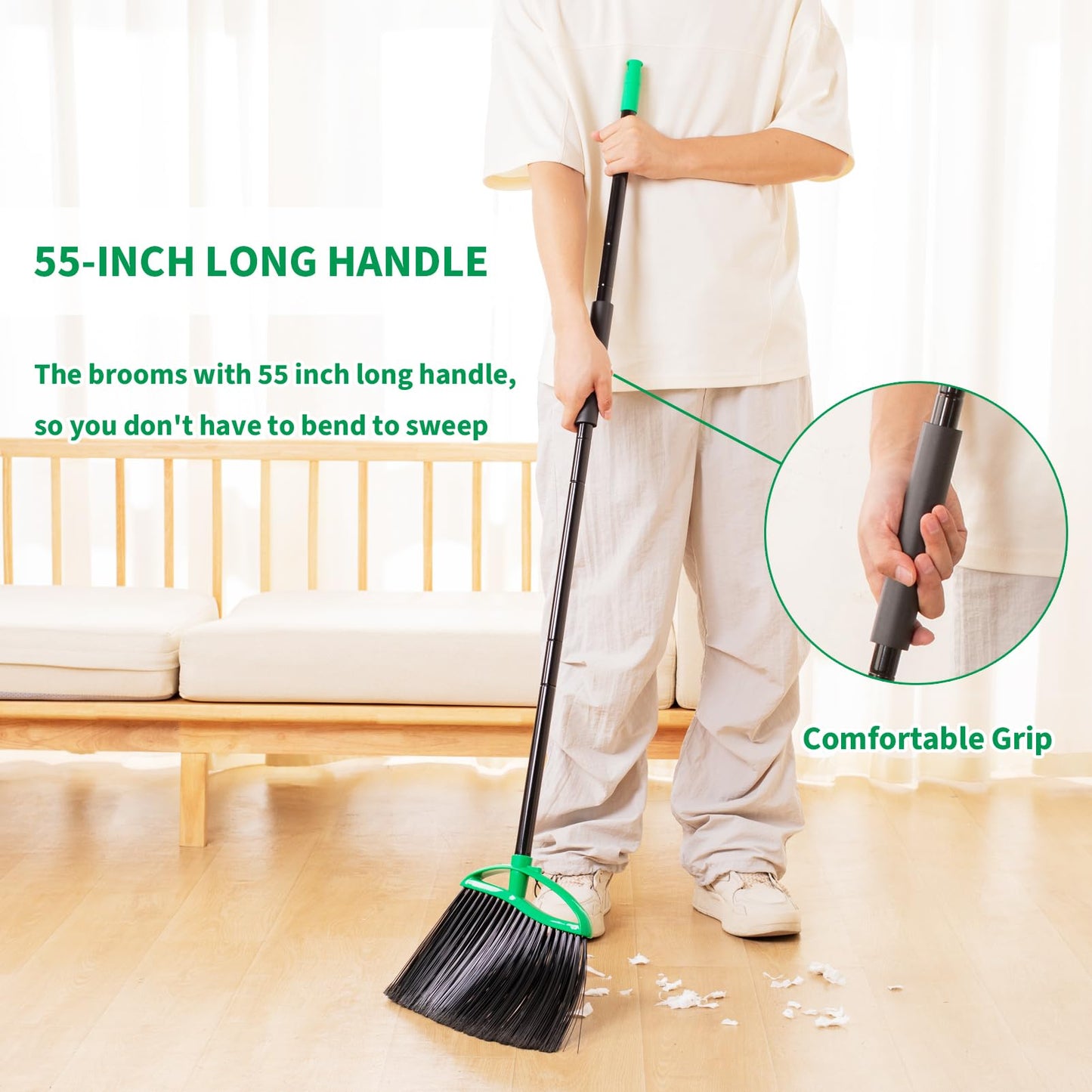 HileSwan 2 Pack Heavy Duty Brooms, 55" Long Handle Indoor Outdoor Angle Broom Set, Household Commercial Floor Cleaning, for Sweeping Home, Kitchen, Deck, Garage, Patio - Green