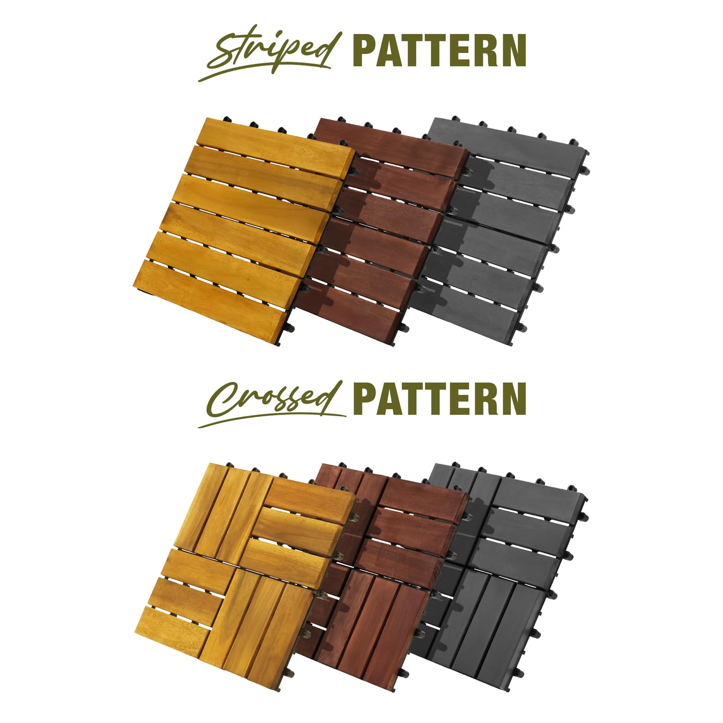 GREEN ALLUVIUM Premium Acacia Wood Interlocking Deck Tiles, 12"x12"x0.9" Outdoor Patio Flooring, Waterproof All-Weather Use, 9 PCS, Dark Brown – Striped Pattern