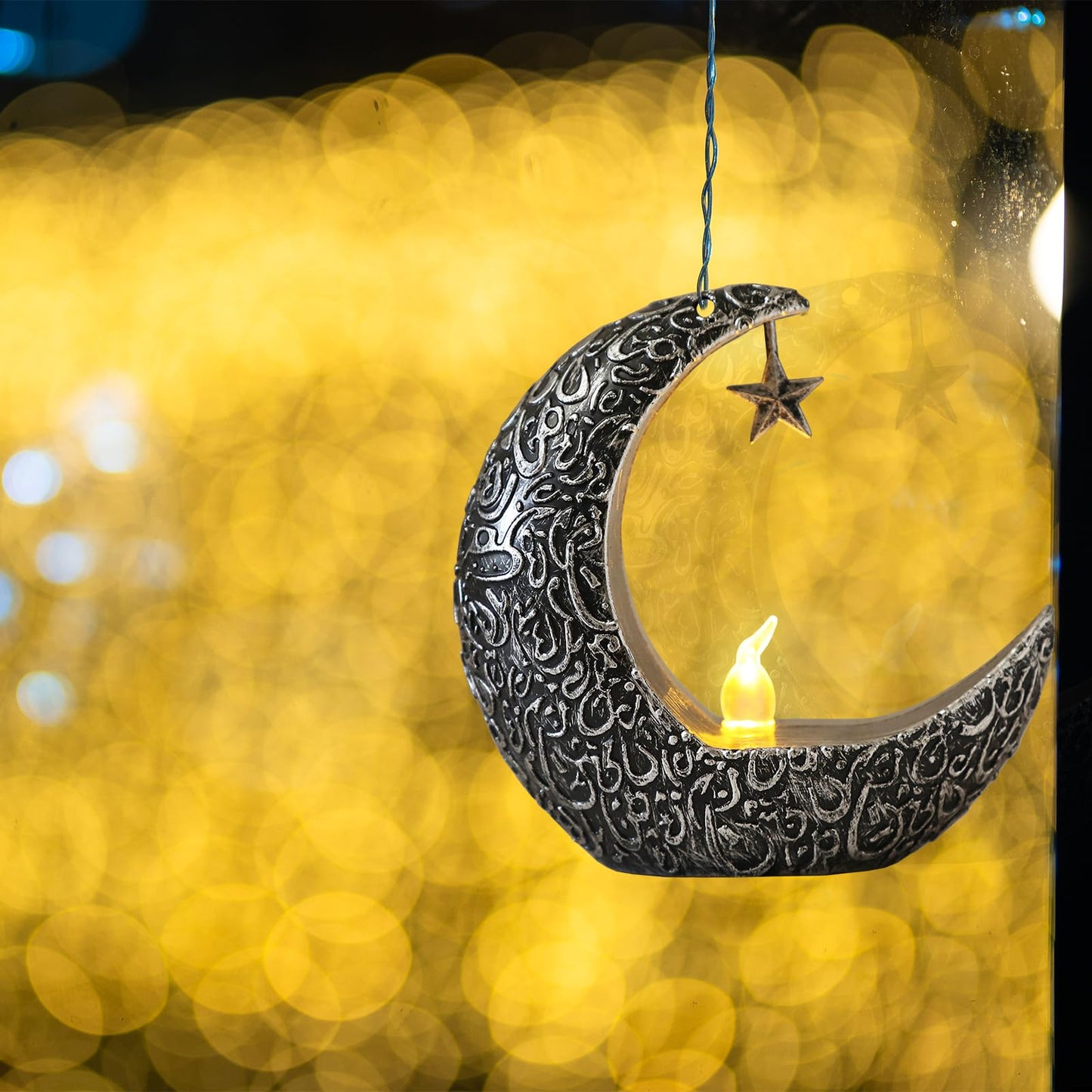 Hying 2 Pieces Ramadan Lanterns Decoration Eid-ul-fitr Table Lamp Eid Mubarak Flameless Candle Lanterns Ramadan Moon Star Lamp for Home Tabletop Decor-Sliver Black