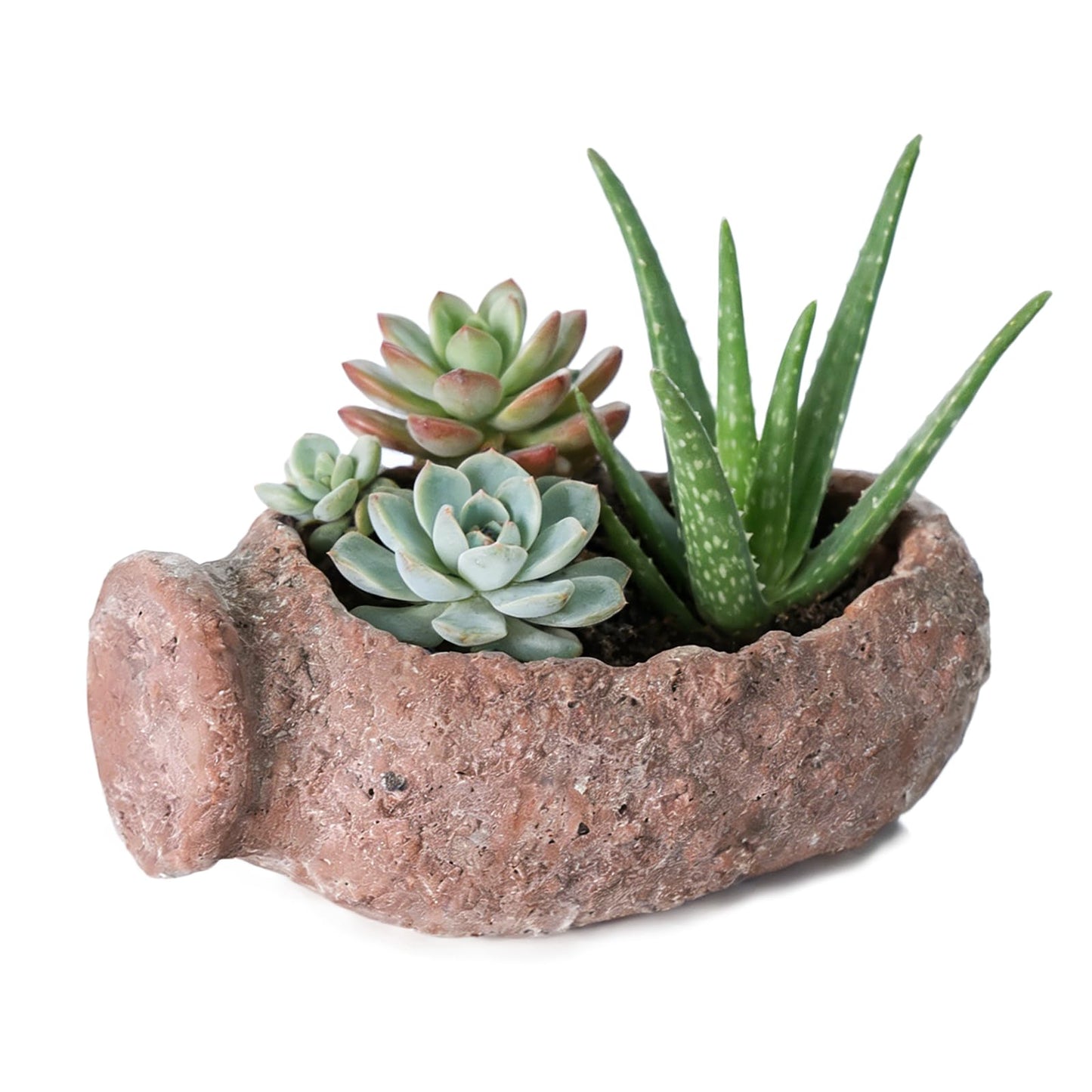 YUSNLAB Handmade Shallow Succulent Planter - 10 Inch Concrete Pot with Aged Stone Texture for Cactus, Aloe, Small Plants, Indoor/Outdoor Home Decor